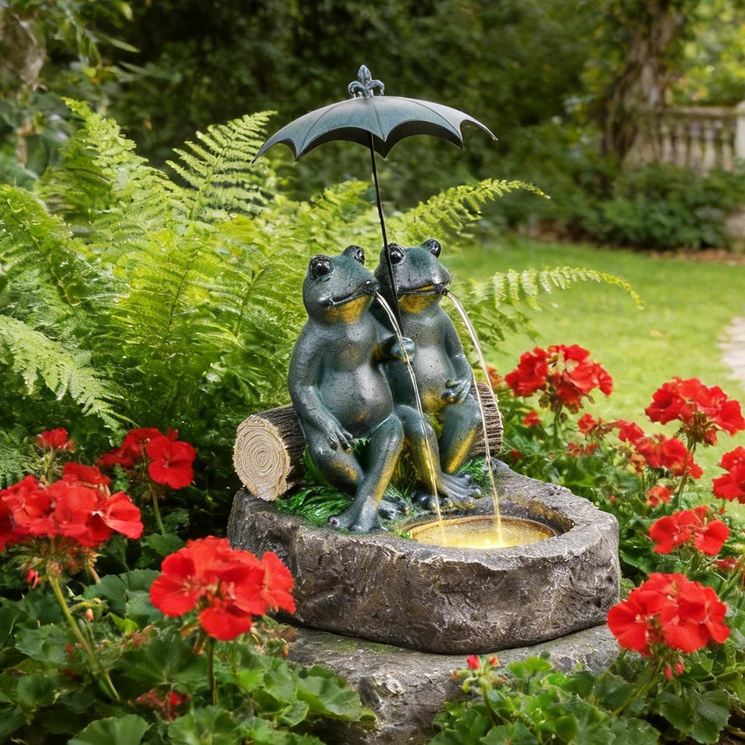 21" Outdoor Tabletop Water Fountain Rustic Metal Frogs Under Umbrella, Charming Garden Waterfall Fountain with LED Lights, Vintage Decoration for Patio, Yard, Deck