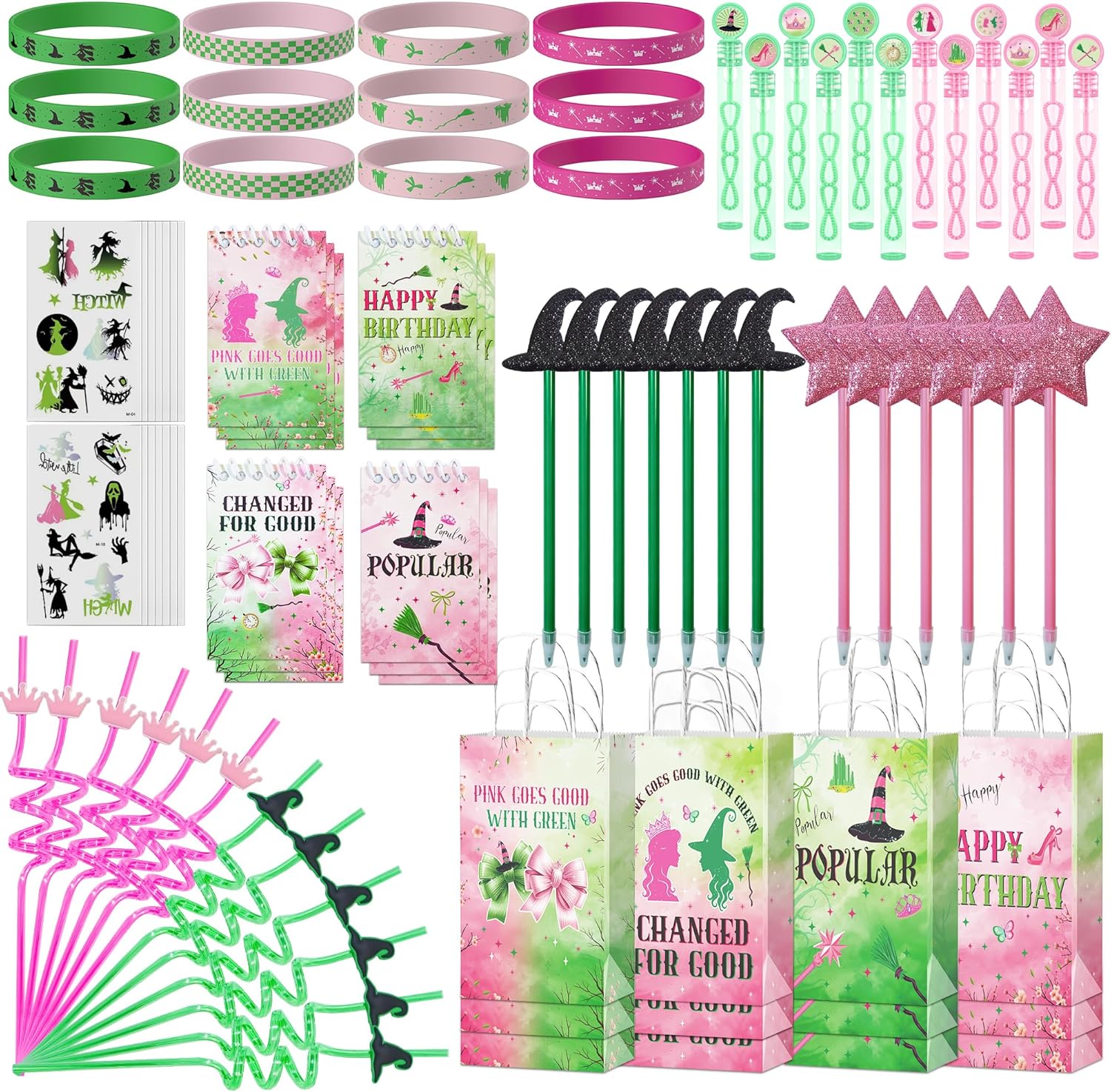 84Pcs Pink and Green Witch Party Favors, Witch Birthday Decorations, Ballpoint Pens Notebooks Silicone Bracelets Straws Bubble Wands, Classroom Rewards Student Birthday Gifts Party Supplies