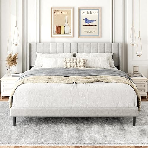 Miniatura 30 de Marcos de Cama Tamaño Doble con Cabecera con Respaldo de Ala, Marco de Cama Plataforma de Fácil Montaje, Soporte de Listones de Madera Resistente,