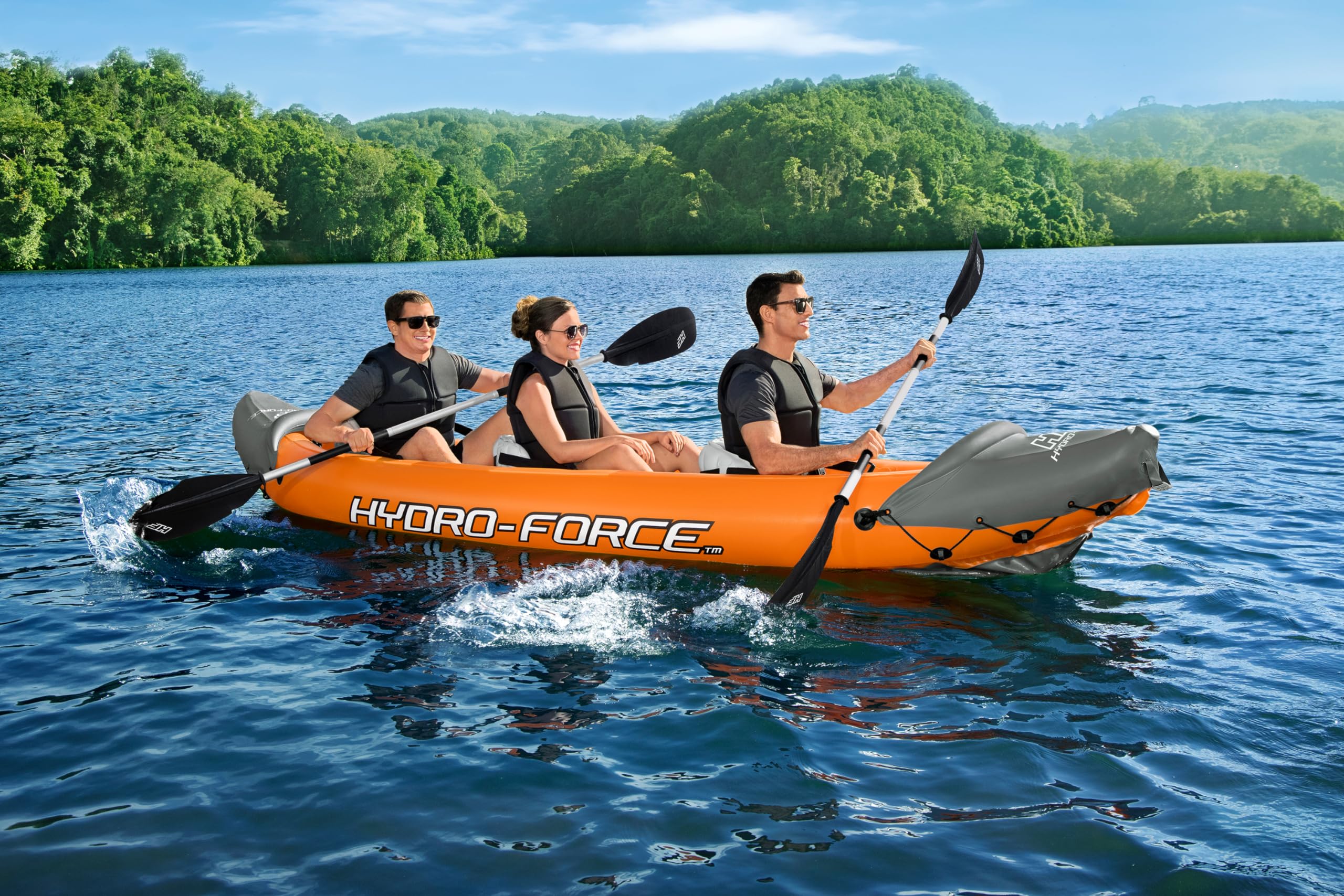 Bestway | Hydro-Force Rapid X3 Kayak | Juego de Botes inflables con Bomba de Mano, Remo, Asientos, Aletas y Bolsa de Almacenamiento | Tres plazas