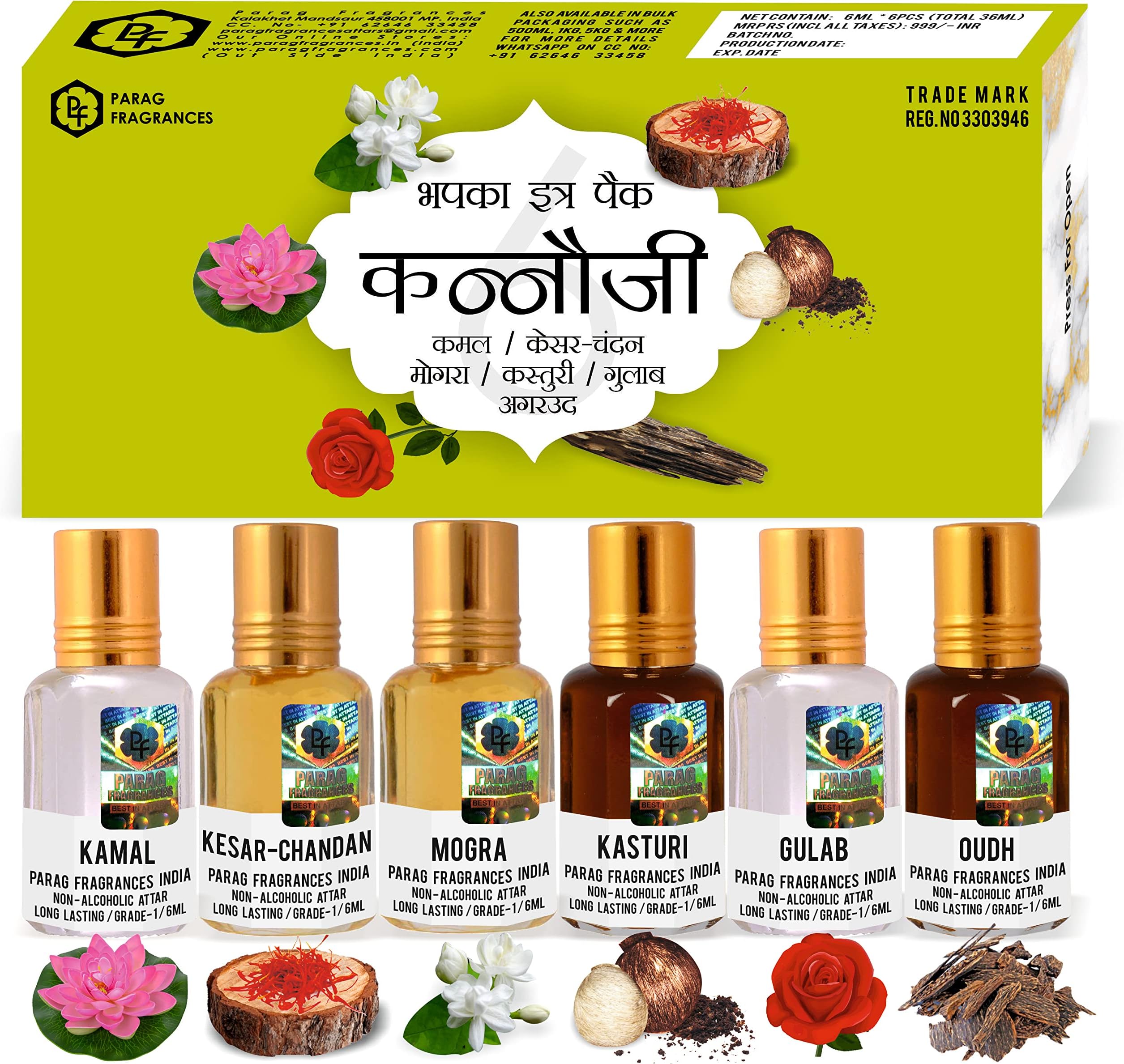 Parag fragrances Attar Gift Set/Attar Combo Offer Pack with Natural, Durable and Alcohol Free Attar/Etra/Itra Liquid (Kannauji 6-in-1 (Collection: 1))