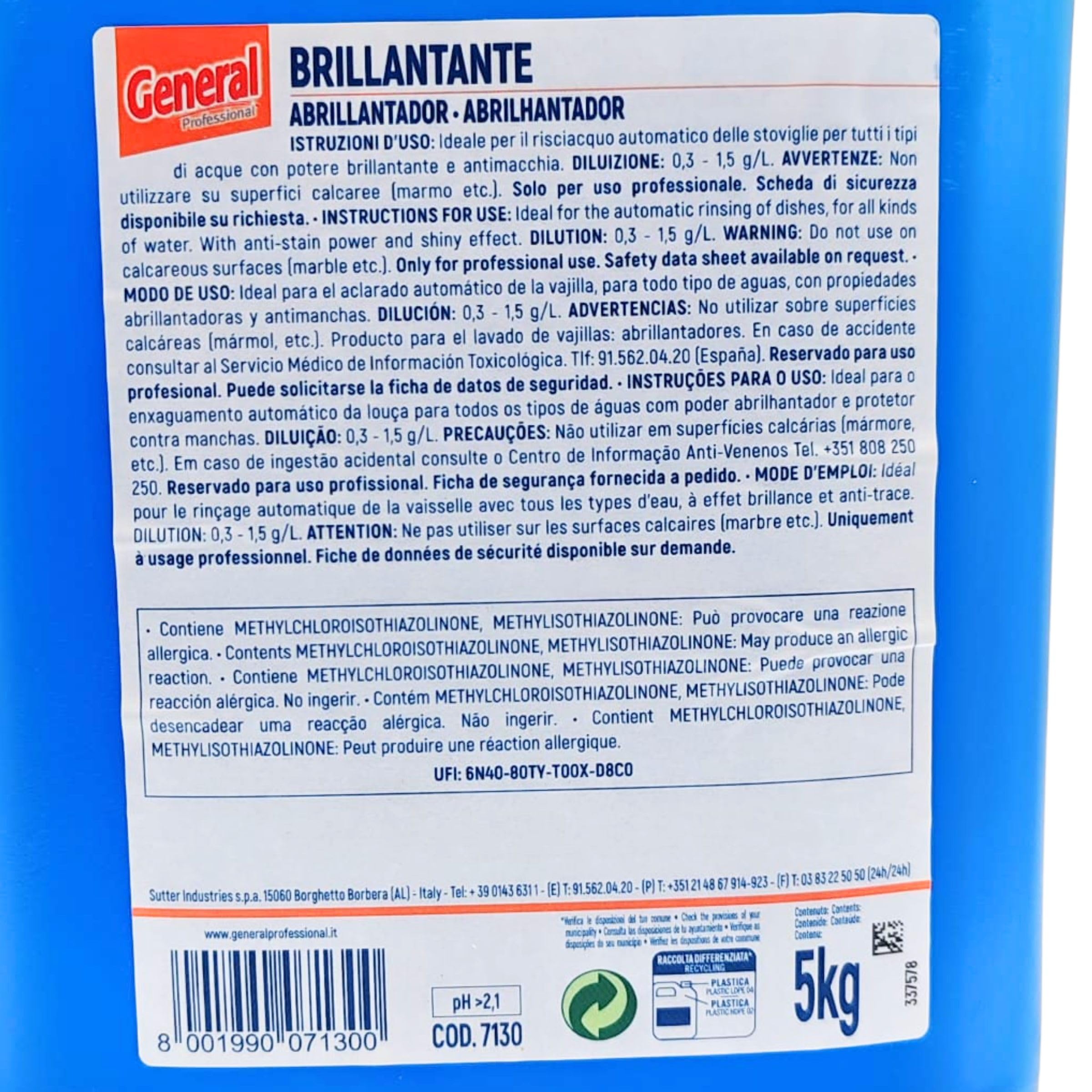 Brillantante Acido Lavastoviglie 5 Kg Senza Fosfati per Acque Dure Uso Professionale