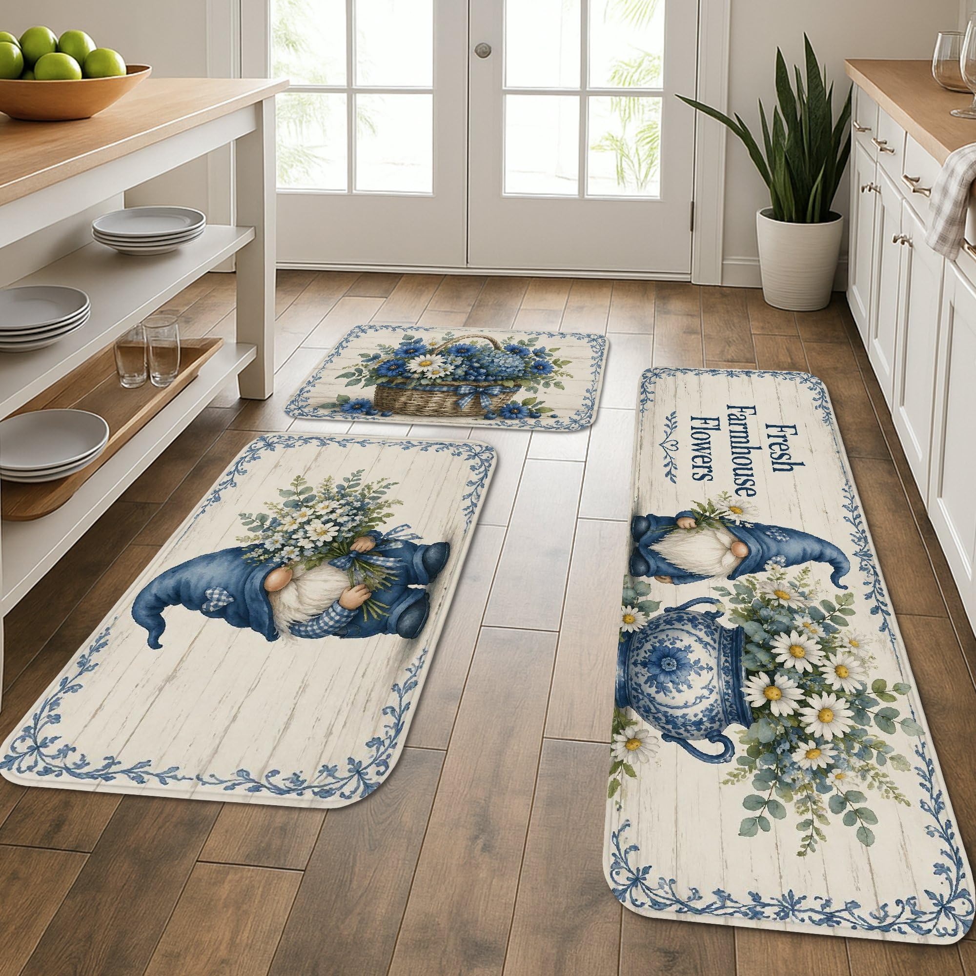Tapis de cuisine lot de 3 motif floral ferme vintage lavable pour sol
