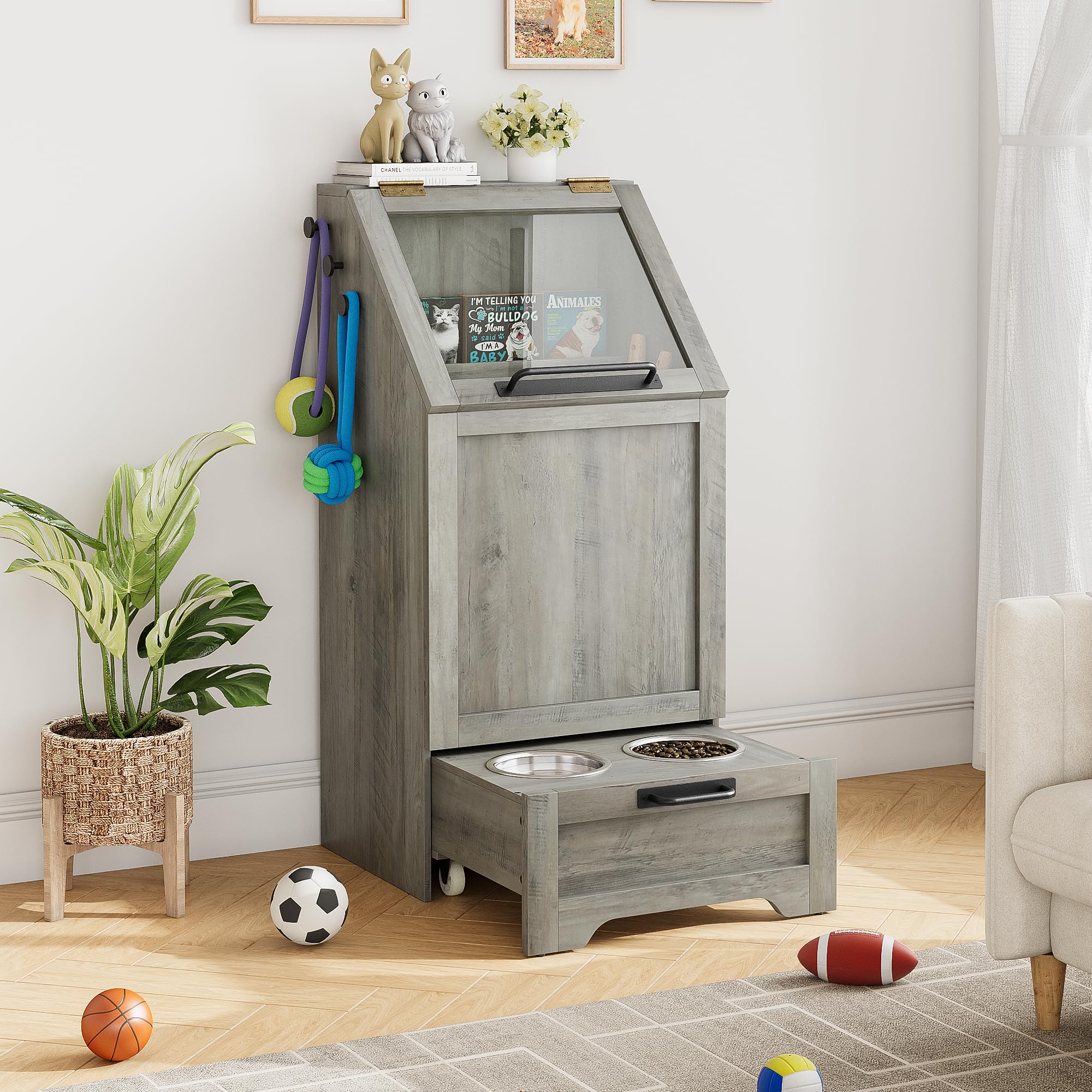 Garvee Dog Feeding Station with 2 Elevated Bowls, Dog Food Storage Cabinet, Flip Top Pet Feeding Station, Food Storage Container, Pet Toy Organizer, Grey, Grey