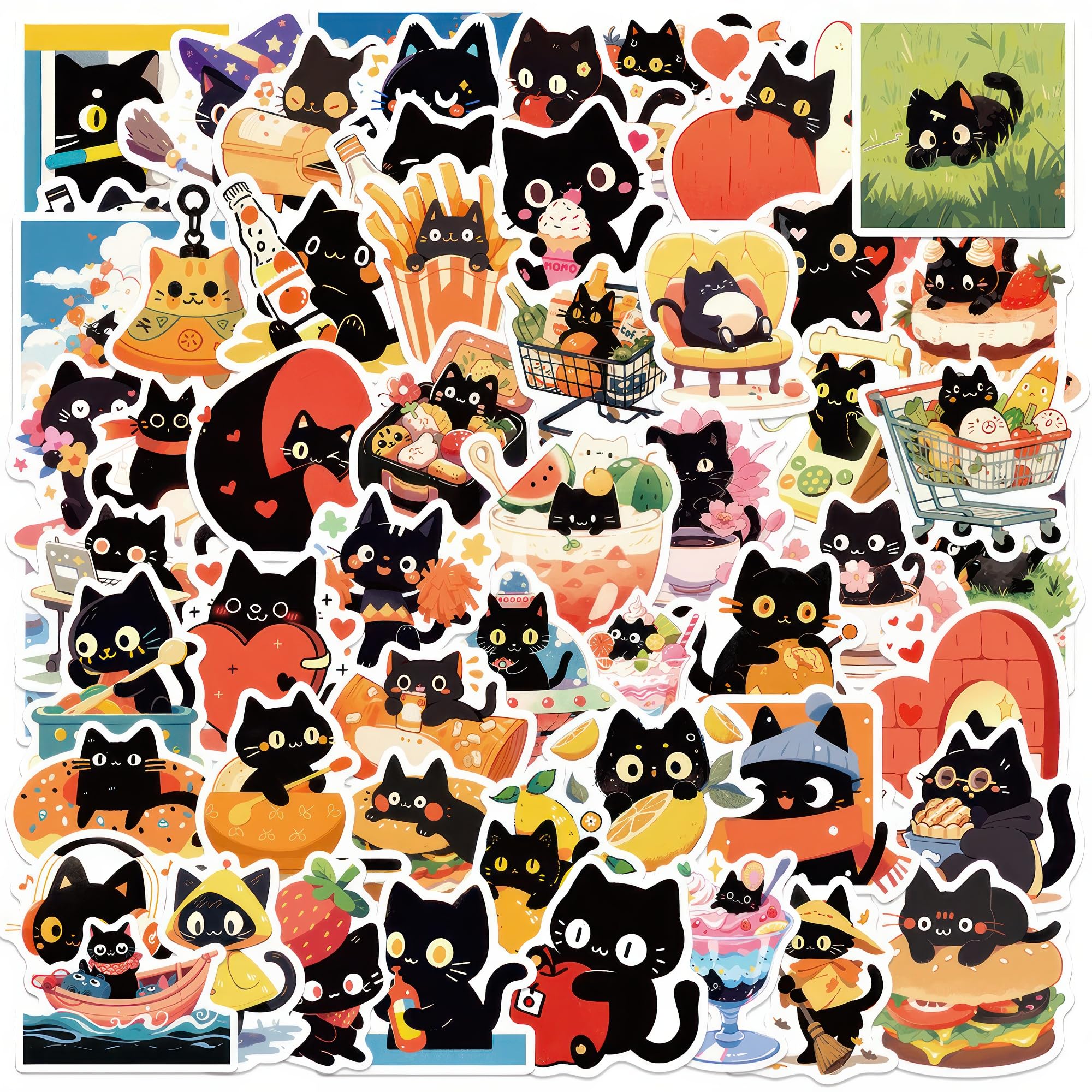 Cute Cat Life 60 Pcs Black Cat Stickers for Kids, Teens & Adults - Anime, Water Bottle & Fridge Stickers - Waterproof