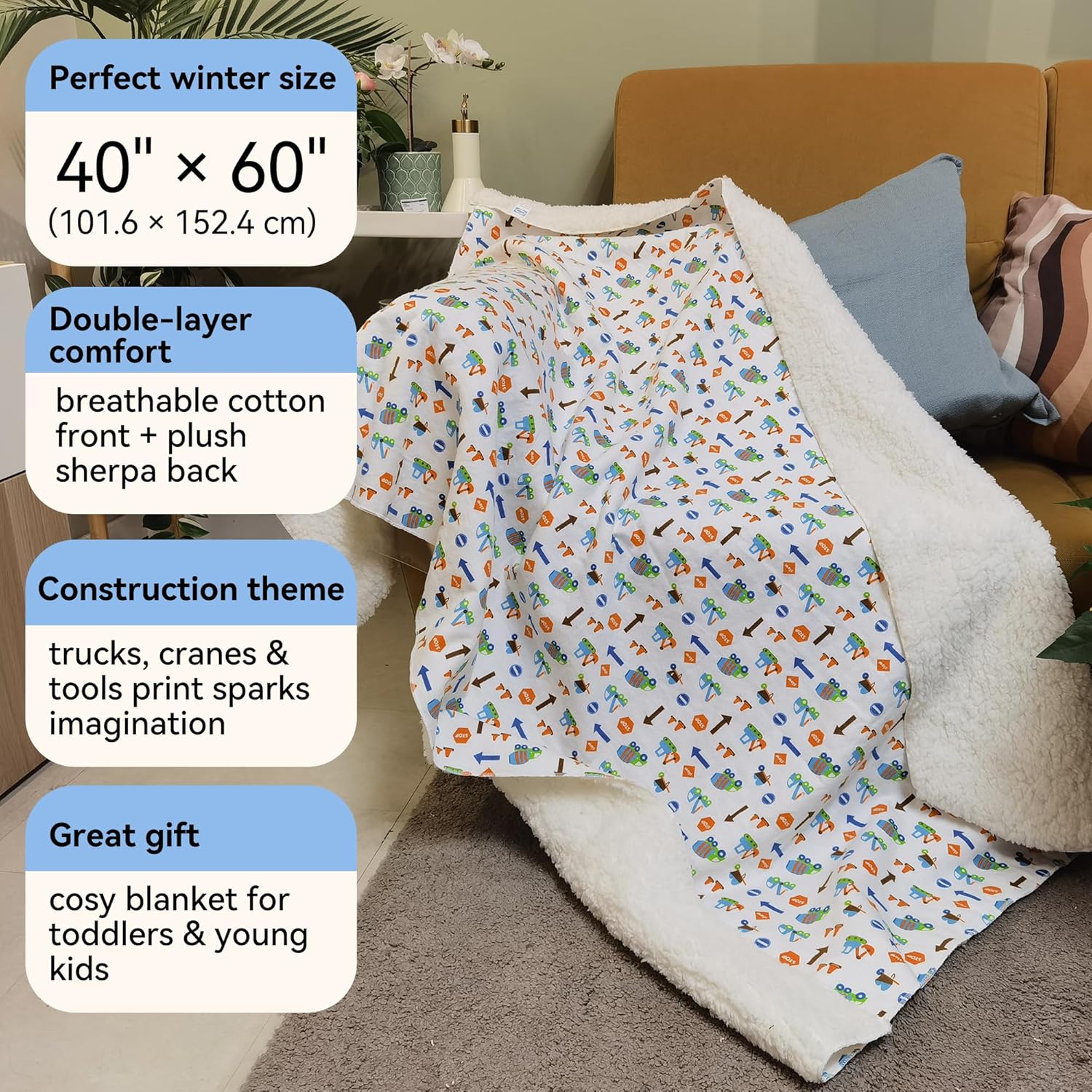 Kids Sherpa Throw Blanket – Soft Cotton & Warm Sherpa Toddler Blanket, Trucks, Cranes & Construction Vehicles Pattern, Plush Winter Bed Throw, 40 x 60 inches - Image 2