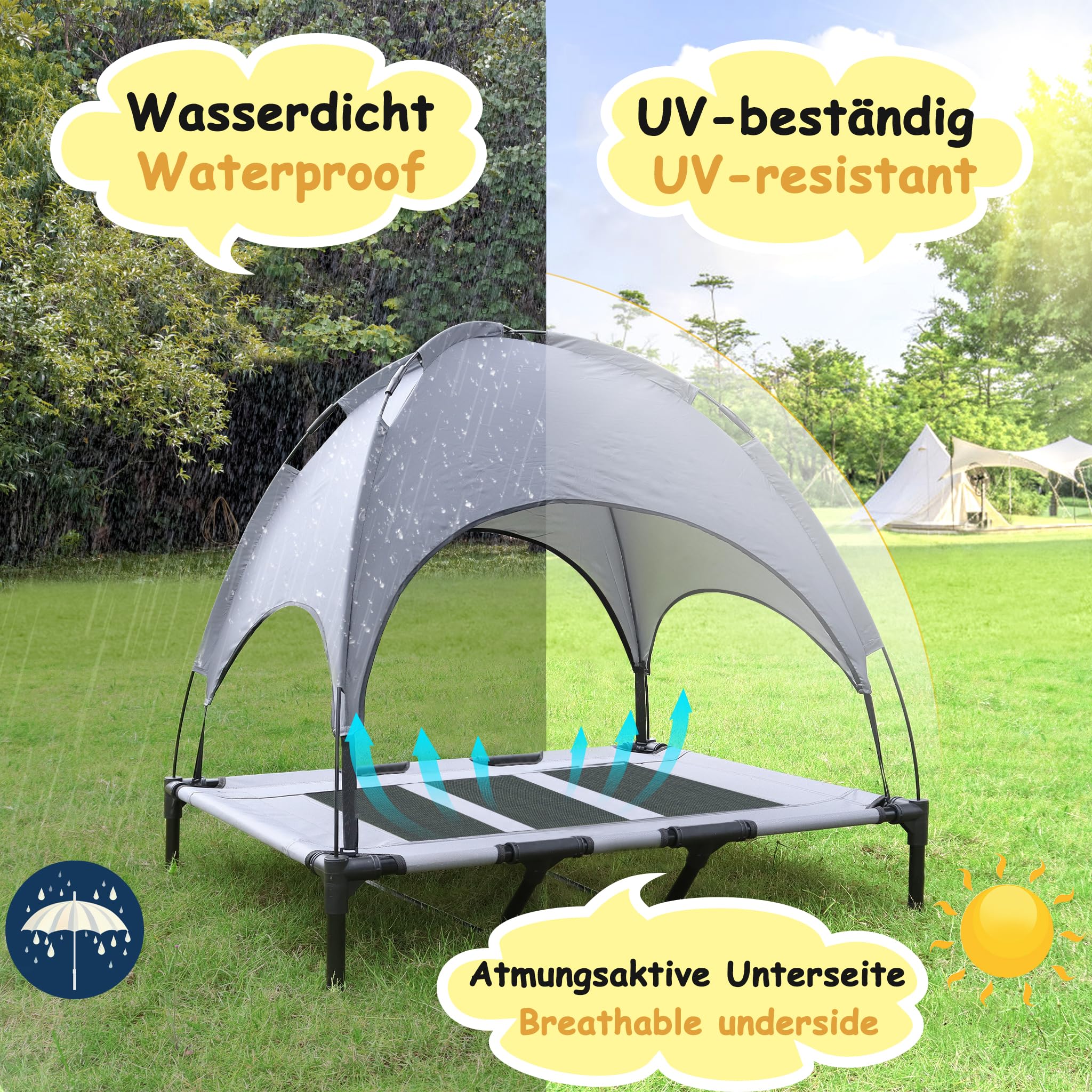 ACXIN Hundebett mit Baldachin, Hundeliege Katzenbett Outdoor Haustierbett Hundesofa Schlafplatz mit Erhöhtes, Atmungsaktiv und Taftstoff bis 60 kg (XL, 122x92x102 cm)