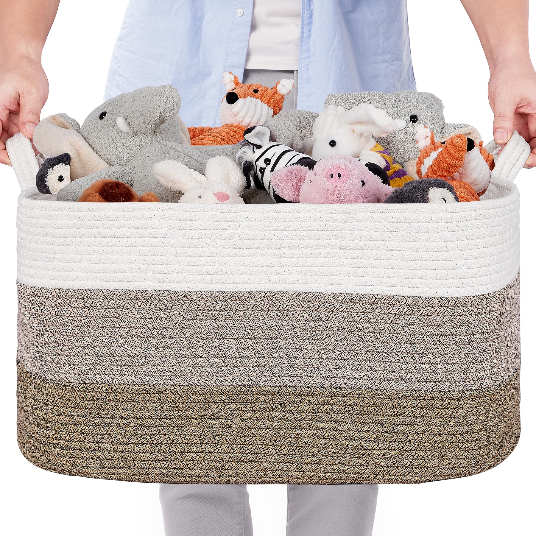 72L Large Storage Basket, Collapsible Woven Cotton Rope Laundry Basket for Toys, Clothes, Towels & Blankets, Laundry Hamper for Bathroom, Bedroom & Living Room, 55 x 38 x 30 cm, Gradient Brown