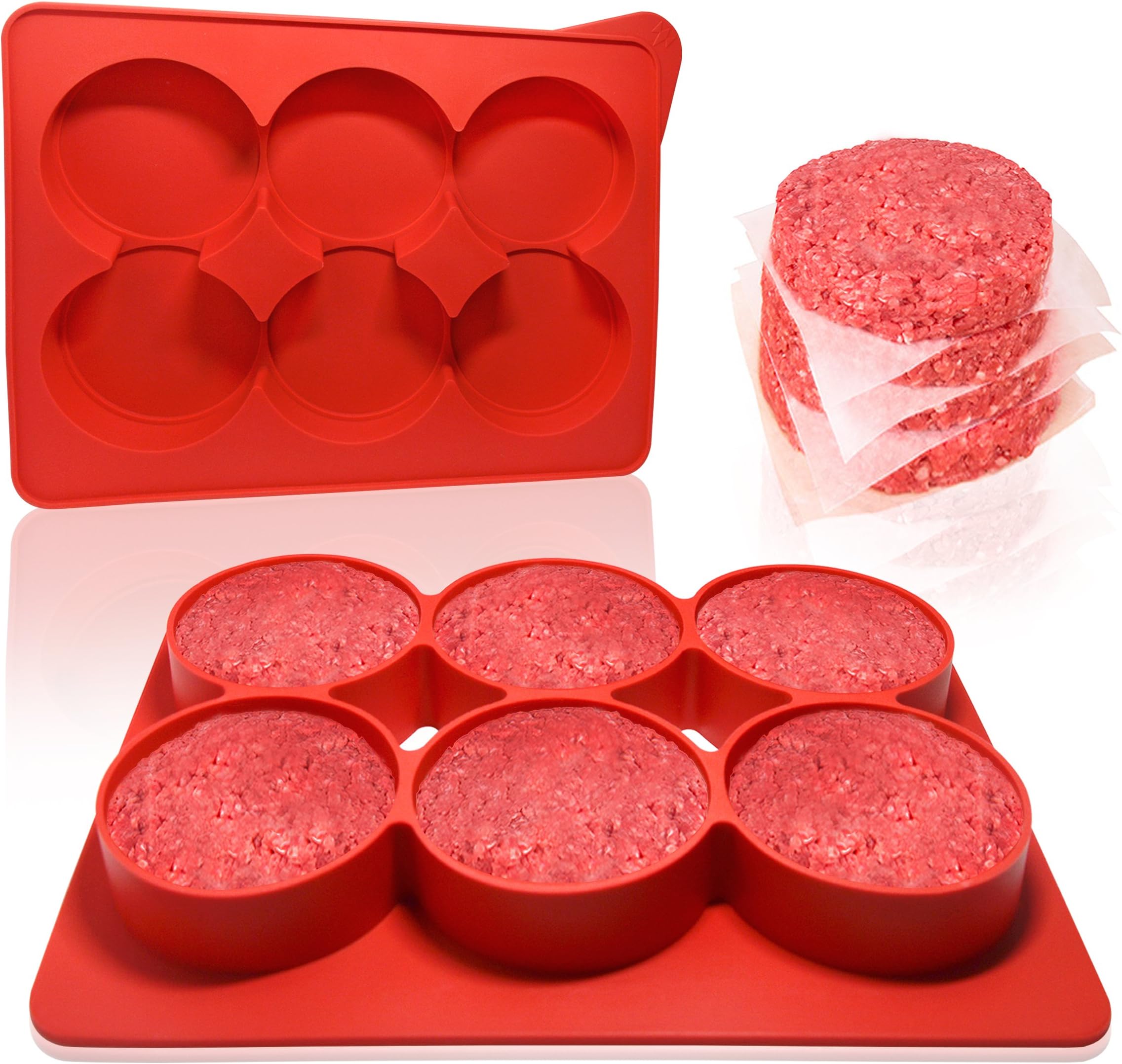 Burger Press Premium Grade- with Free 100 Patty Paper- Best 6 in 1 Hamburger Patty Maker- Essential BBQ Grill Accessory for Your Home Kitchen- Makes Perfect Patties Every Time- Red