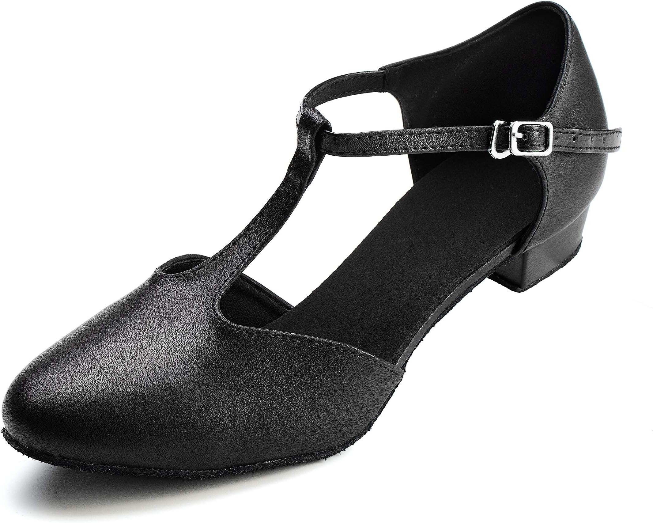 Dress FirstFlats Dance Shoes Women Low Heel Genuine Leather Pumps T-Strap Latin Ballroom Salsa Shoes,1"