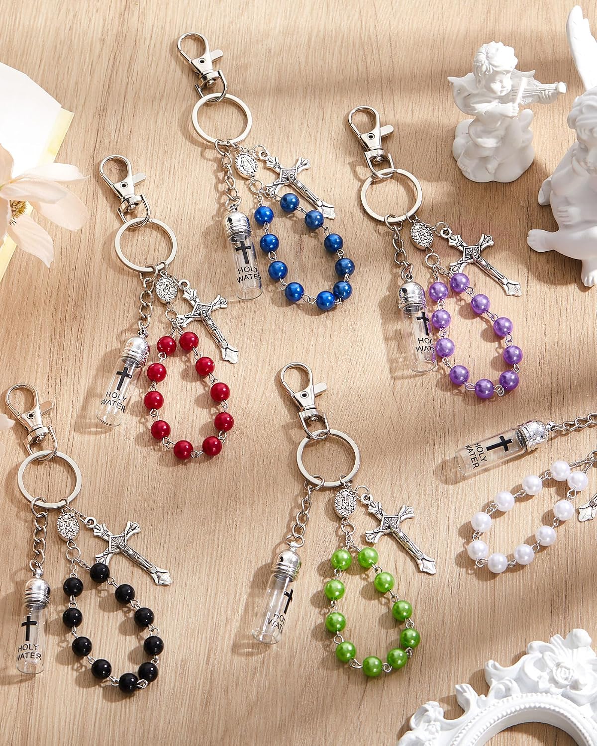 Blushtier 20 Set Holy Water Bottle Keychain with Rosary Bead Crucifix Organza Bags Catholic Gifts for Baptism Favors First Communion (Colorful)