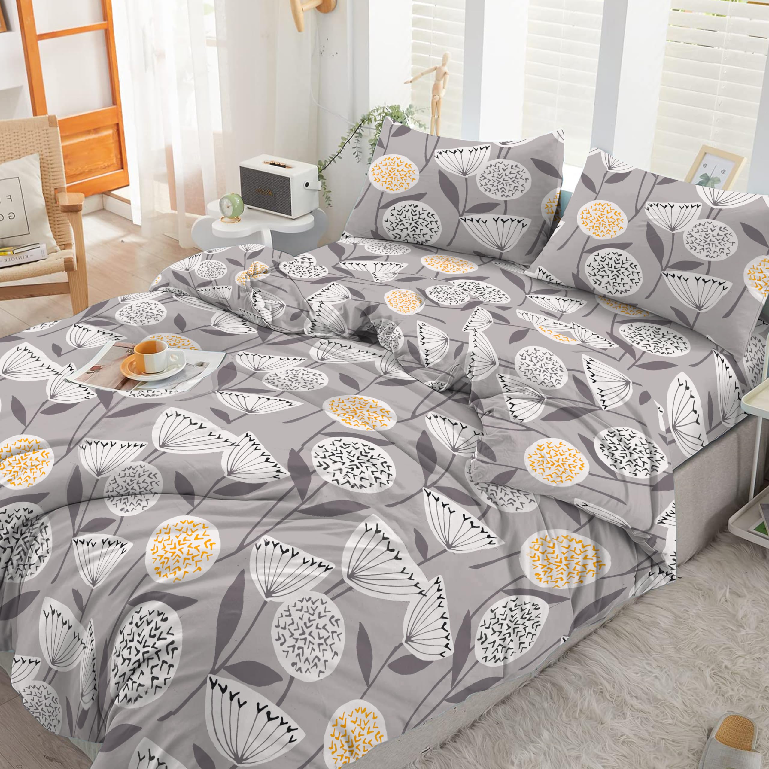Cotton Comfort Bedding & Linen 3PCS Double Duvet Cover Set 100% Egyptian Cotton Bedding Double Bed Set 400 Thread Count Floral Printed Floral Grey Duvet Cover Double with Pillow Cases 2 Pack
