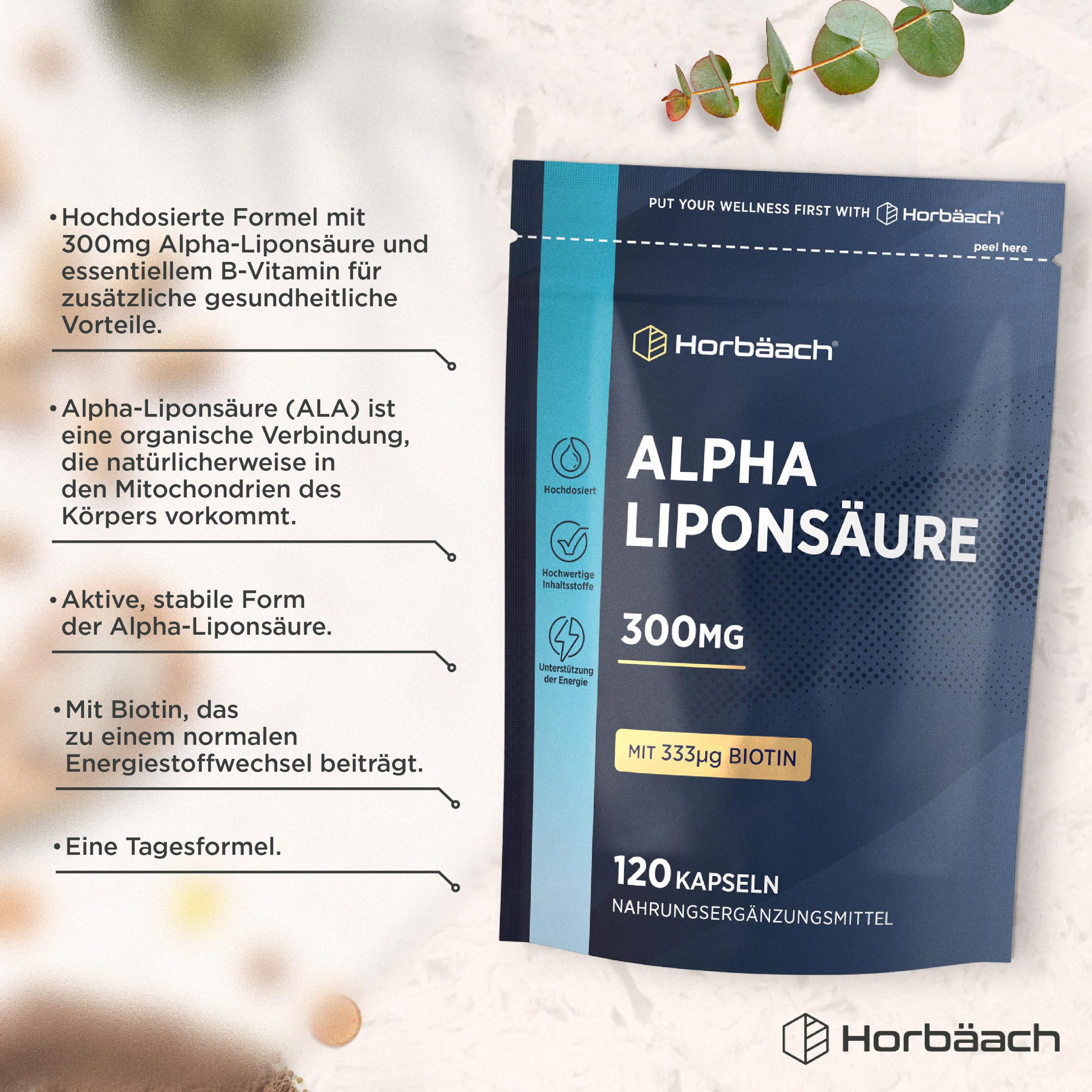 Alpha Liponsäure 300mg Pure | 4 Monate Vorrat - 120 Alpha Lipoic Acid Kapseln | Hochdosiert | ALA | Beauty Complex mit Biotin | Horbaach