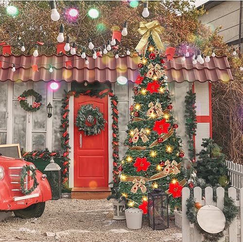 Miniatura 5 de Umigy Árbol de Navidad desplegable de 6 pies con luces, árbol de Navidad plegable con 200 luces cálidas decoradas preiluminado artificial con