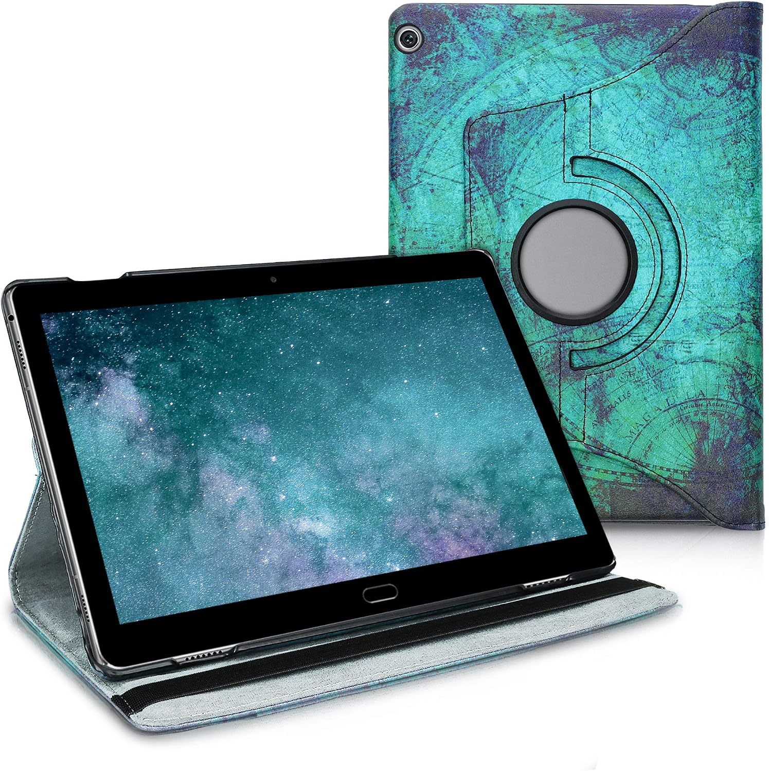 kwmobile 360° Case Compatible with Huawei MediaPad M3 Lite 10 - Case PU Leather Tablet Cover with Stand - Anchor Map White/Blue