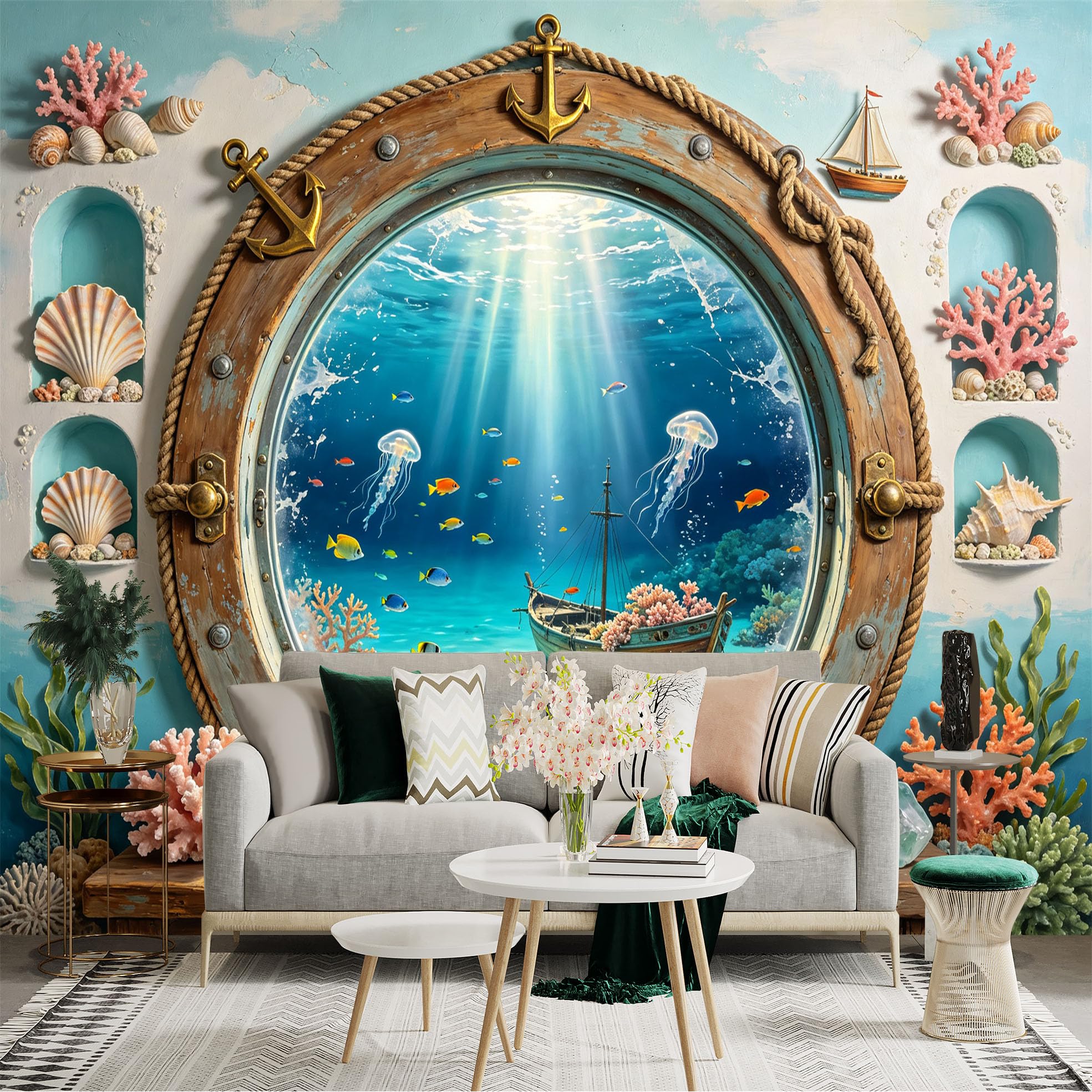 Custom Size Wall Sticker Mural， Underwater Ocean View with Coral Reef， Fish， Jellyfish and Vintage Ship， for wall Decoration， peelandstick wall Decals.