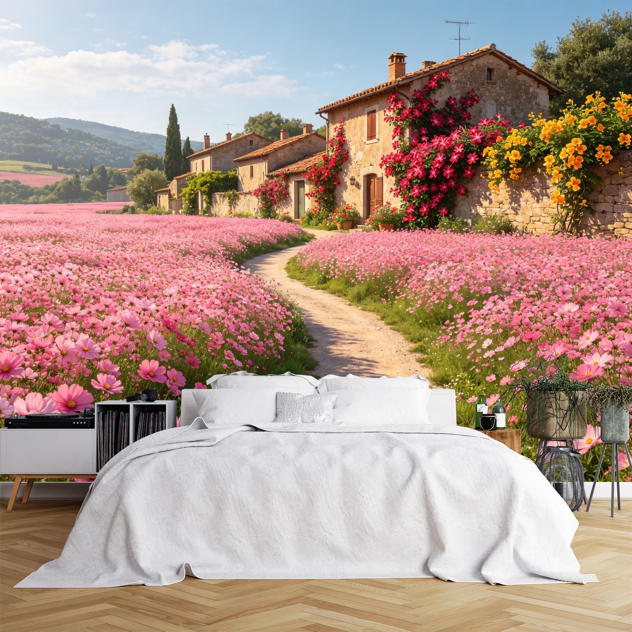 Lcythiazole Ch260615189 Custom Size Wall Murals Tuscany Country House Cosmos Flower Field Rural Landscape Vivid Self-Adhesive Wall Fabric (No Pvc) Removable Wallpaper For Patio Living Room