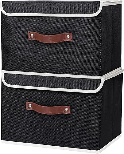 Miniatura 129 de ANMINY 2 contenedores de almacenamiento con tapa, asas de piel sintética, cajas de almacenamiento de plástico PP, decorativas, plegables, de tela