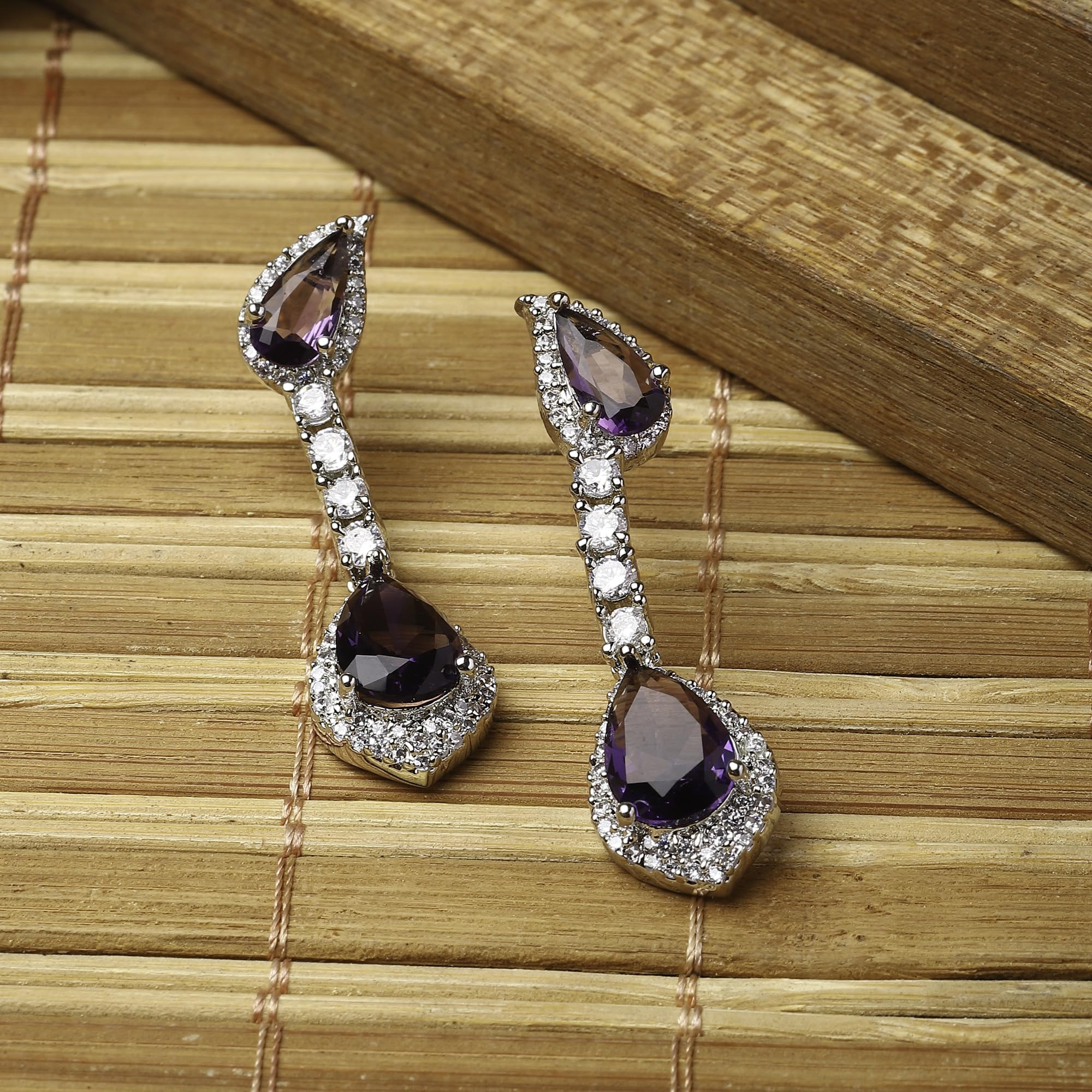 Rhodium-Plated Teardrop Drop Earrings with American Diamond