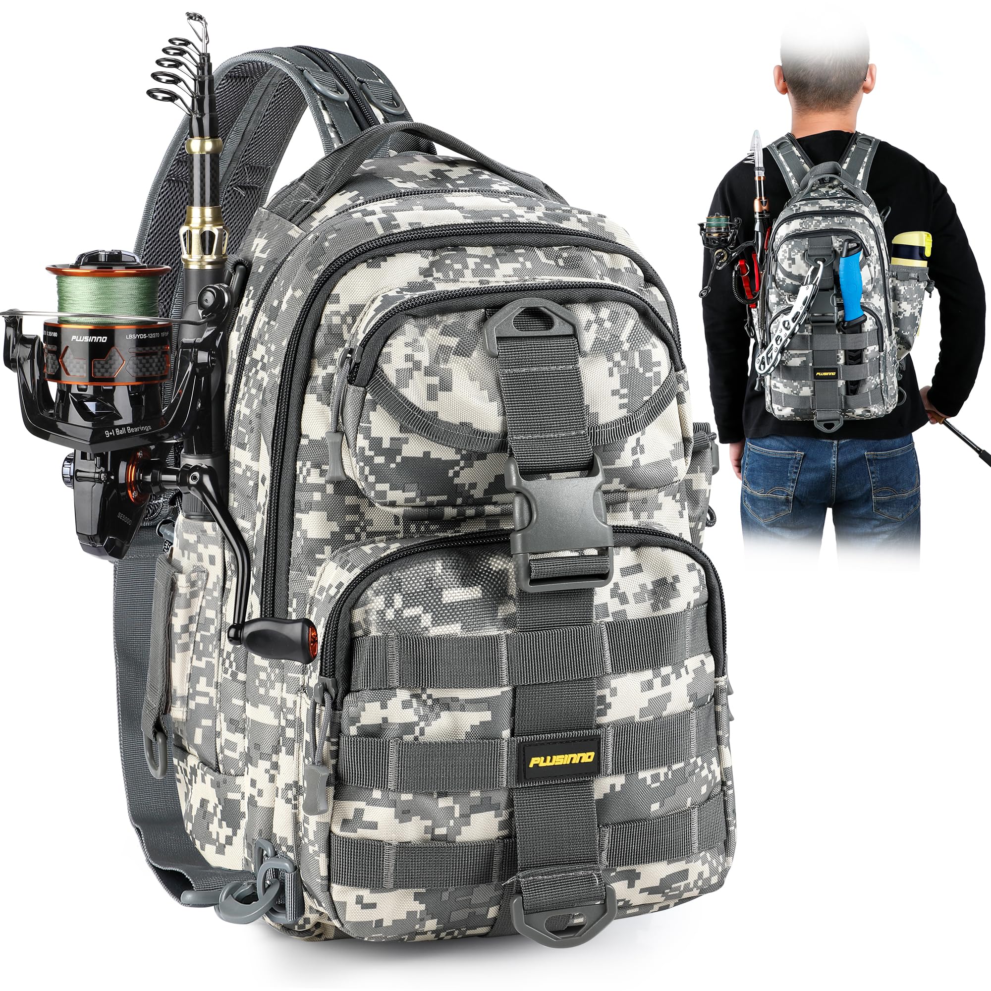 PLUSINNO Fishing Backpack with Rod Holder, Water-Resistant Tackle Bag - Ideal Gifts for Men
