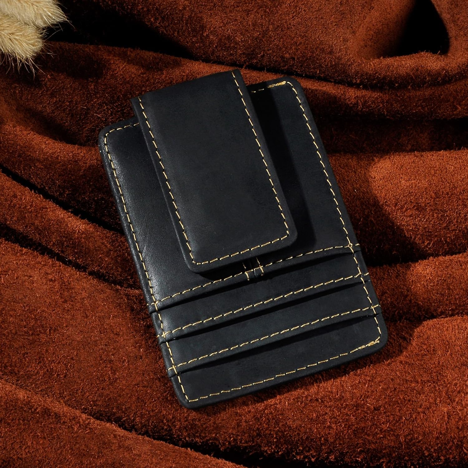 Le'aokuu Mens Genuine Leather Cowhide Money Clip Credit Card Case Handy Slim Wallet Magnet (A Rfid Black) - Image 3