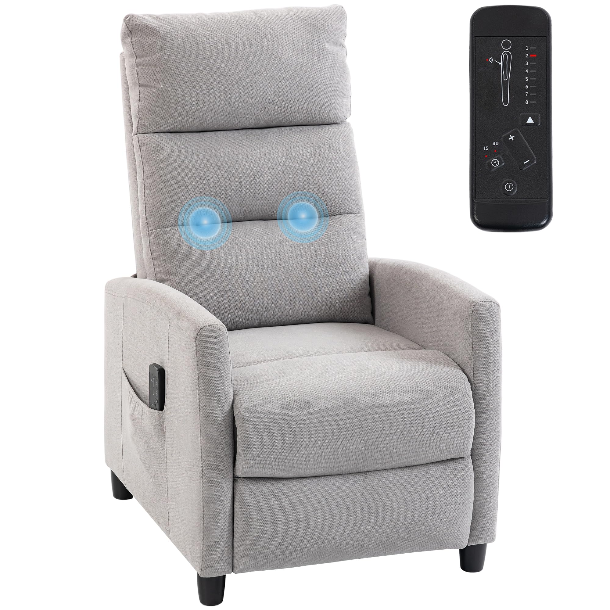 HOMCOM Sillón de Masaje Reclinable 160° Reposapiés 66x91x108 cm Gris Claro | Sillón Relax Reclinable, Mando a Distancia, 2 Zonas de Masaje, Respaldo Alto, Asiento Muelles, Bolsillos, Tapizado Chenilla