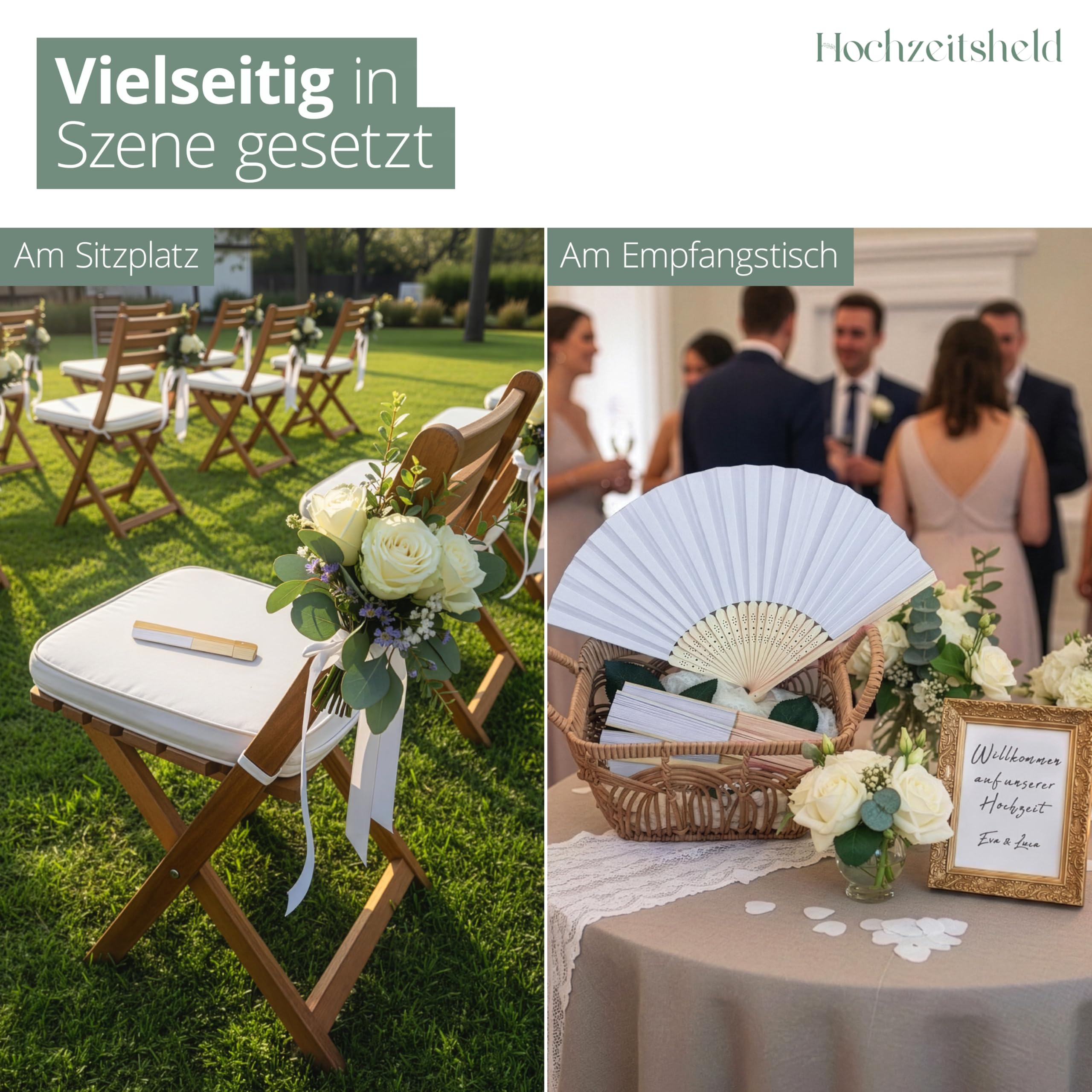 HOCHZEITSHELD Bambus Fächer Hochzeit 20 Stück - Elegante Handfächer als Hochzeitsdeko & Standesamt Deko
