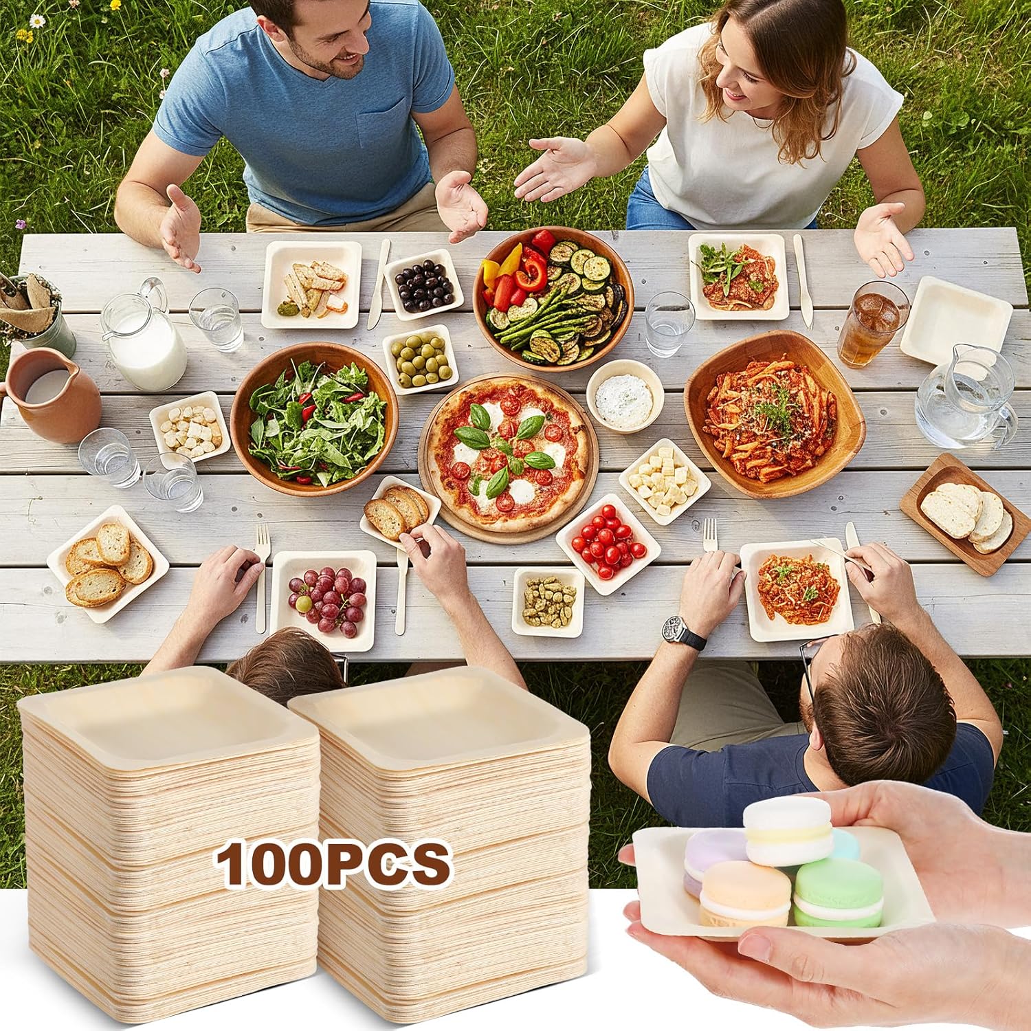 JIEYAO 100 Pcs Disposable Bamboo Plates, 4 Inch Square Wooden Bowls Appetizer Dessert Plates for Parties Weddings Catering Home Use