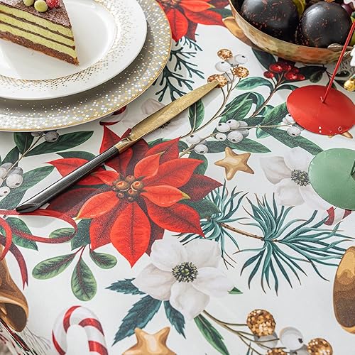 Miniatura 5 de Mantel navideño de invierno, diseño de campanas de flores rojas, mantel impermeable para decoración de fiestas de Navidadcena (54 x 78 pulgadas,