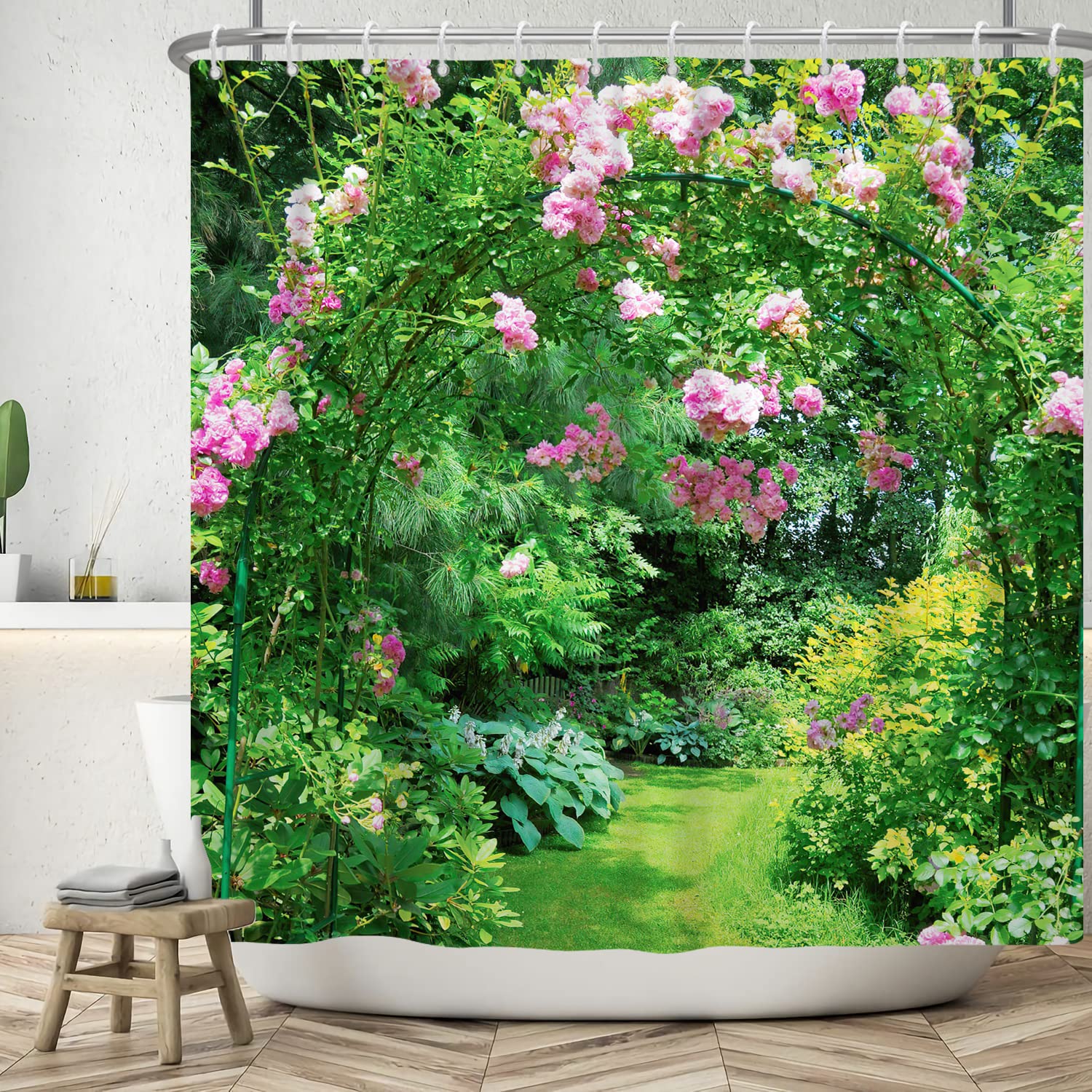 ASDCXZ Garden Shower Curtain 120x200 cm, Spring Garden Outdoor Rose Flowers Green Leaves Sunshine Bath Washable Shower Curtains Polyester Textile Waterproof Bath Curtain for Bathtub with 8 Hooks — image 1