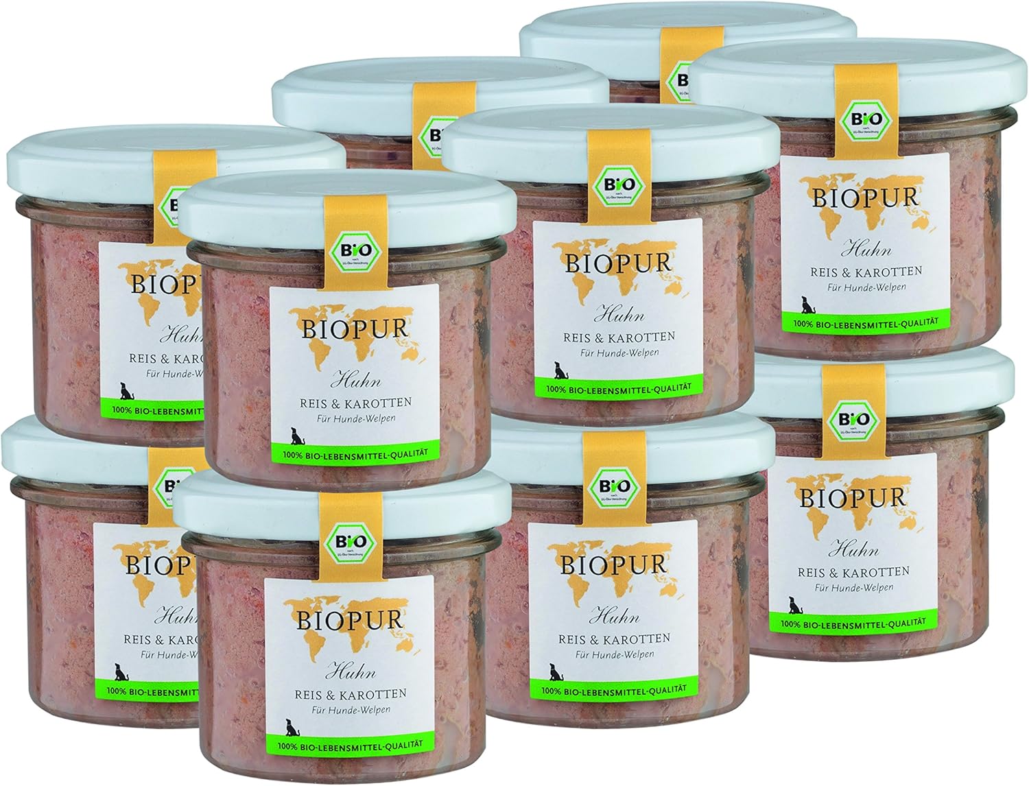 BIOPUR Tiernahrung Bio-Hundefutter Huhn, Reis & Karotten für Hundewelpen 12 x 100 g
