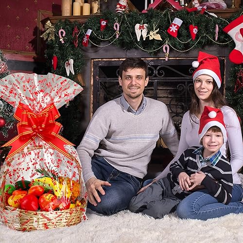 Miniatura 5 de Zonon 20 bolsas grandes de cesta de Navidad de 35 x 23 pulgadas, bolsas de celofán transparentes con copos de nieve, bastones de caramelo a cuadros