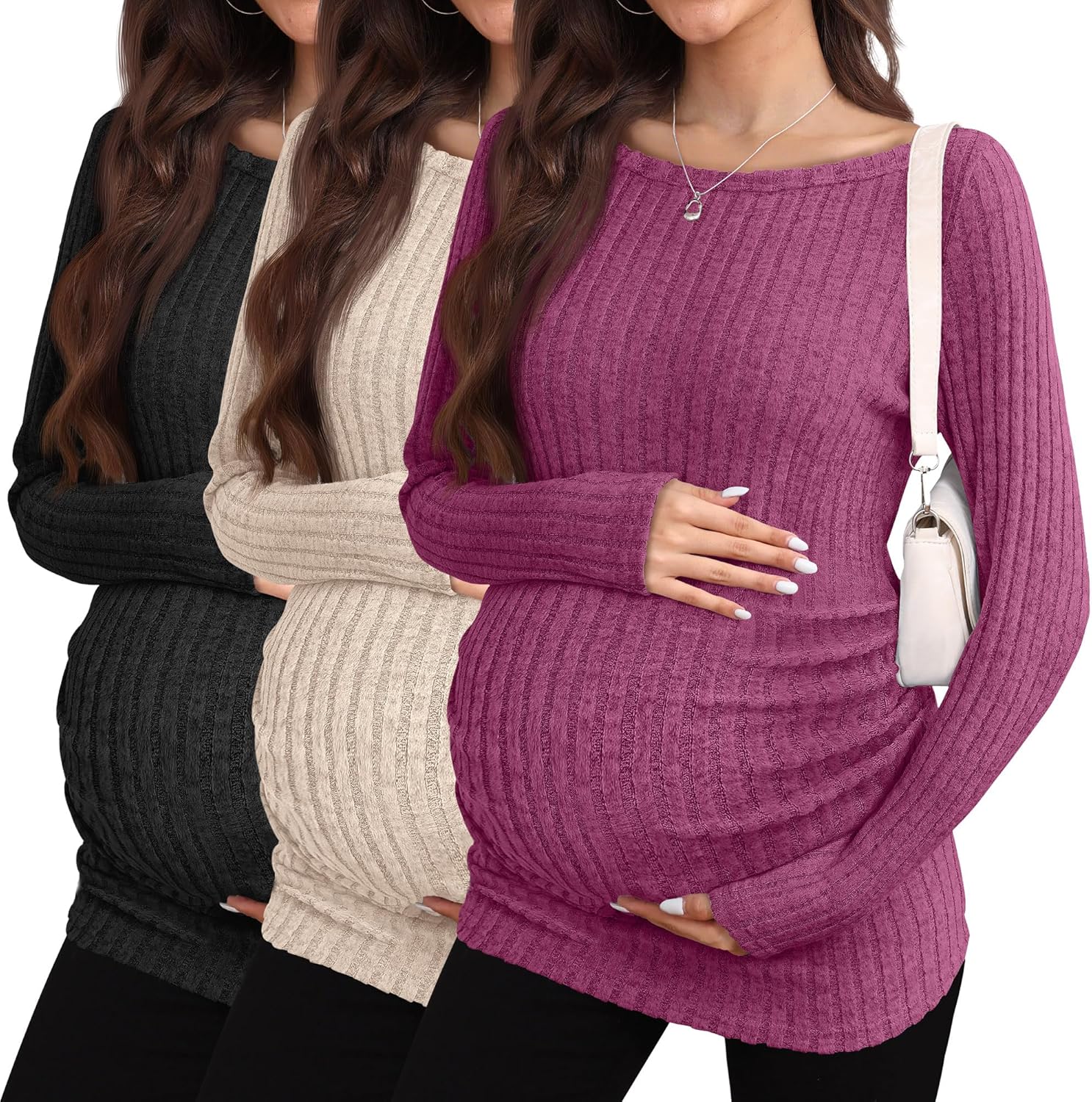 3 Pack Maternity Sweaters Long Sleeve Ribbed Maternity Shirts Lightweight Stretch Pregnancy Tops Winter Layering