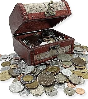 IMPACTO COLECCIONABLES Coin Collection - World Currency Treasure Chest with 2Lb. - Collectible Circulated Coins - 4.7 x 3.5 x 3.5 Decorative Wooden Box - Antique Coins for Collectors (COA Included)