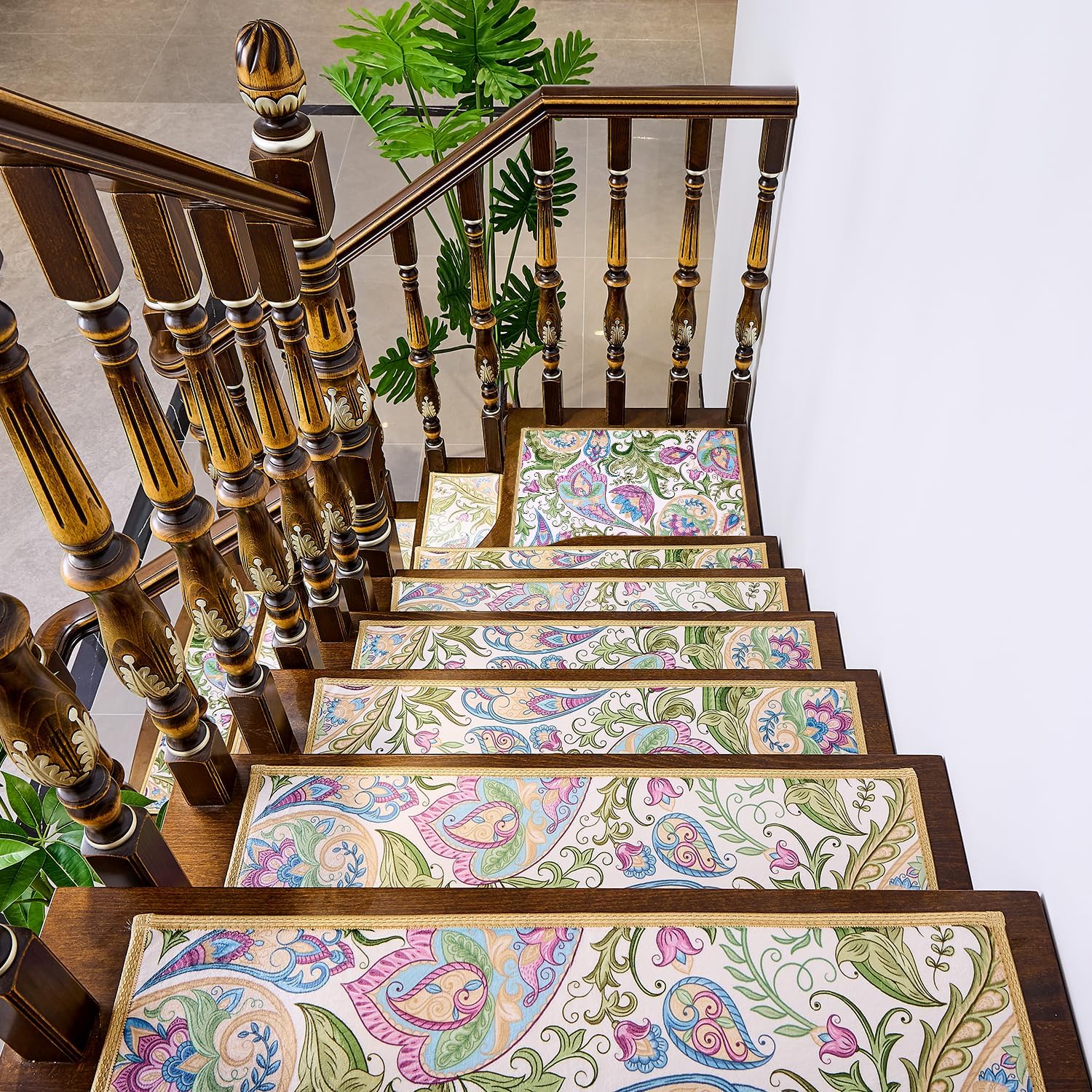 Krifey Stair Treads Non Slip for Wooden Steps, 15 Pack 30" X 8"Indoor Stair Carpet Runner Peel and Stick Stair Risers Self Reusable Staircase Rugs for Kids and Pets 30" X 8" Paisley(White) 15