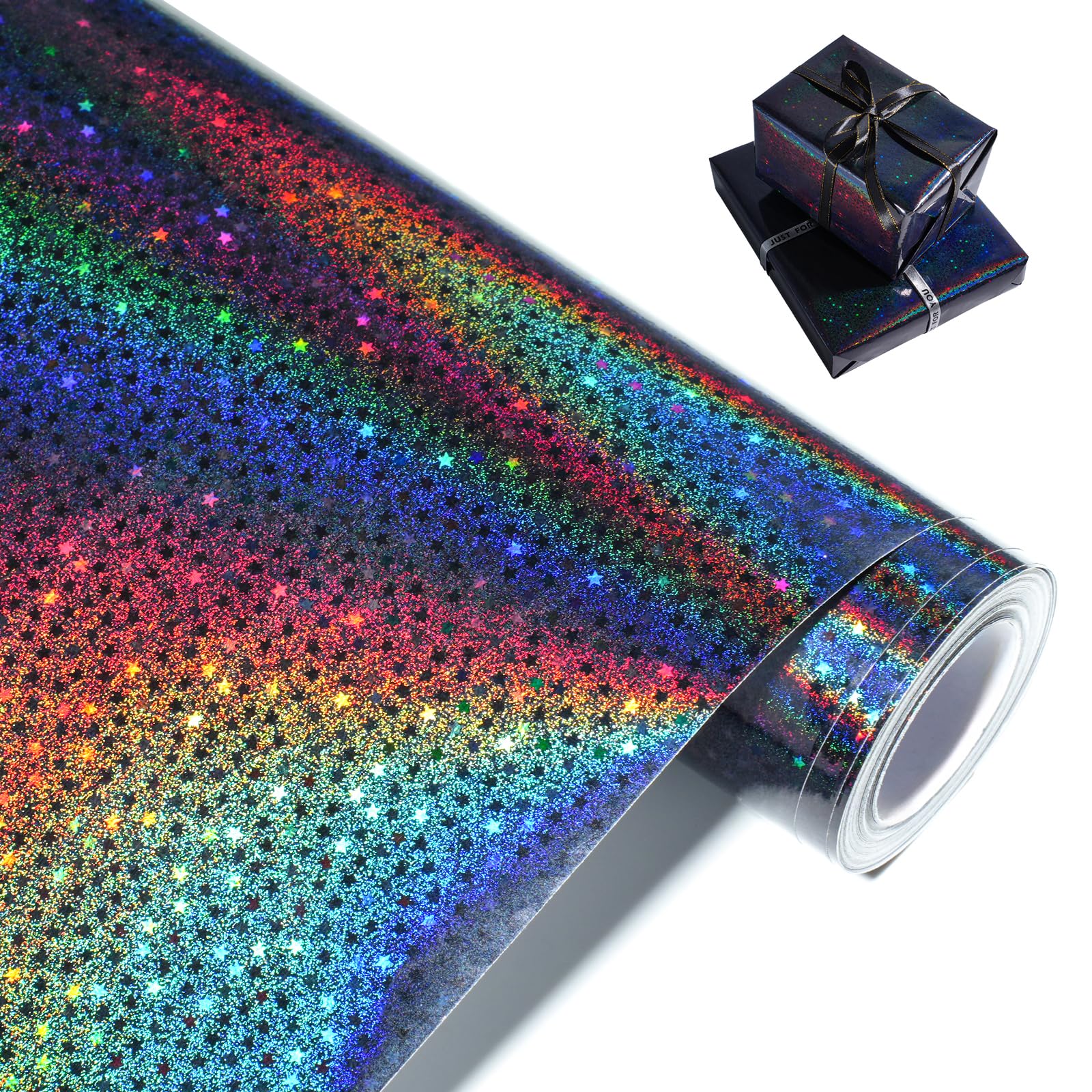 Black Holographic Wrapping Paper, Metallic Glitter Star Gift Wrap Paper Roll for Birthday, Valentine's Day, Father's Day, Christmas, Graduation - 43cm x 10m