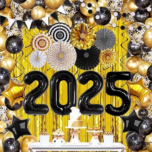 Miniatura 7 de KatchOn, Juego de decoraciones de graduación 2025 en negro y dorado, paquete grande de 115, kit de arco de globos de graduación | Globos negros
