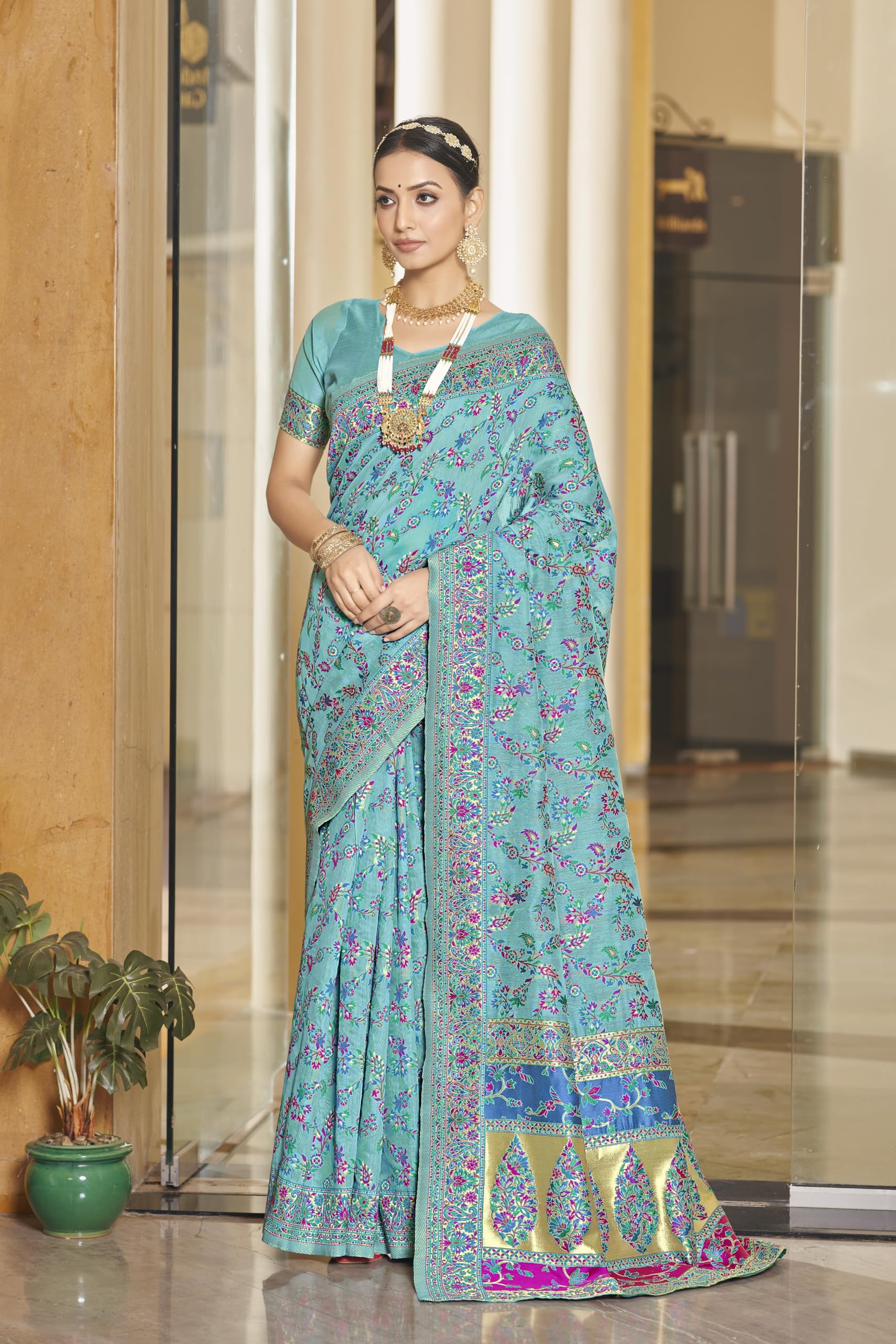 Glory Sarees Women's Kashmiri Cotton Woven Saree With Blouse Piece (Heritage_Silk111_Firozi) 4