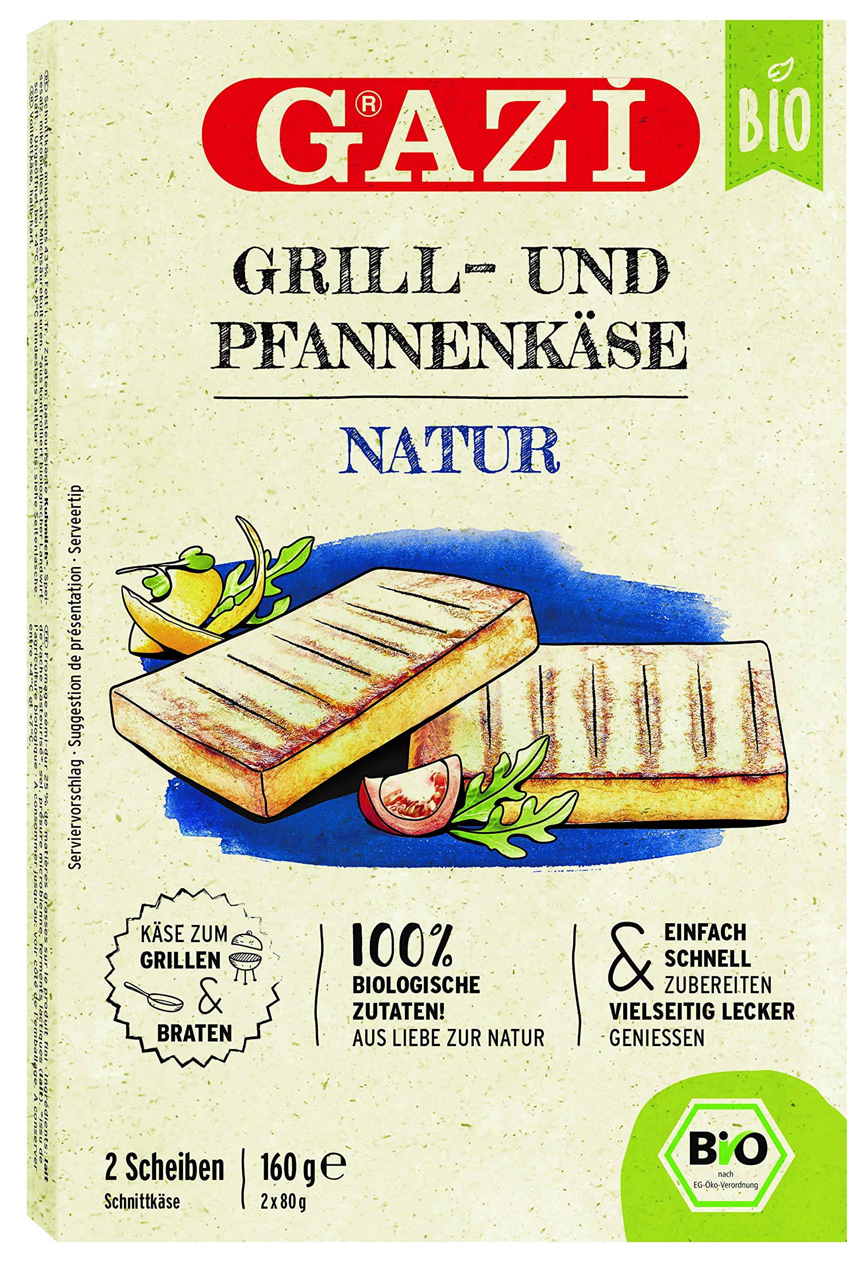 Gazi BIO Grill- und Pfannenkäse Natur - 12x 160g - Pfannenkäse Pfanne Grillkäse Grill Ofenkäse Ofen 43% Fett in Vakuumverpackung Schnittkäse Käse mikrobielles Lab Halal vegetarisch glutenfrei