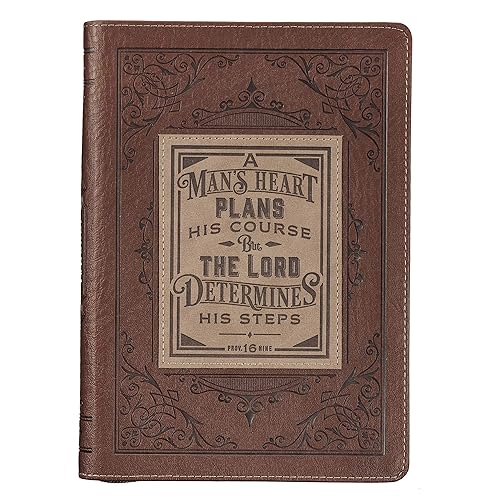 Classic Faux Leather Journal A Man's Heart Proverbs 16:9 Bible Verse Brown Inspirational Notebook, Lined Pages w/Scripture, Ribbon Marker, Zipper Closure