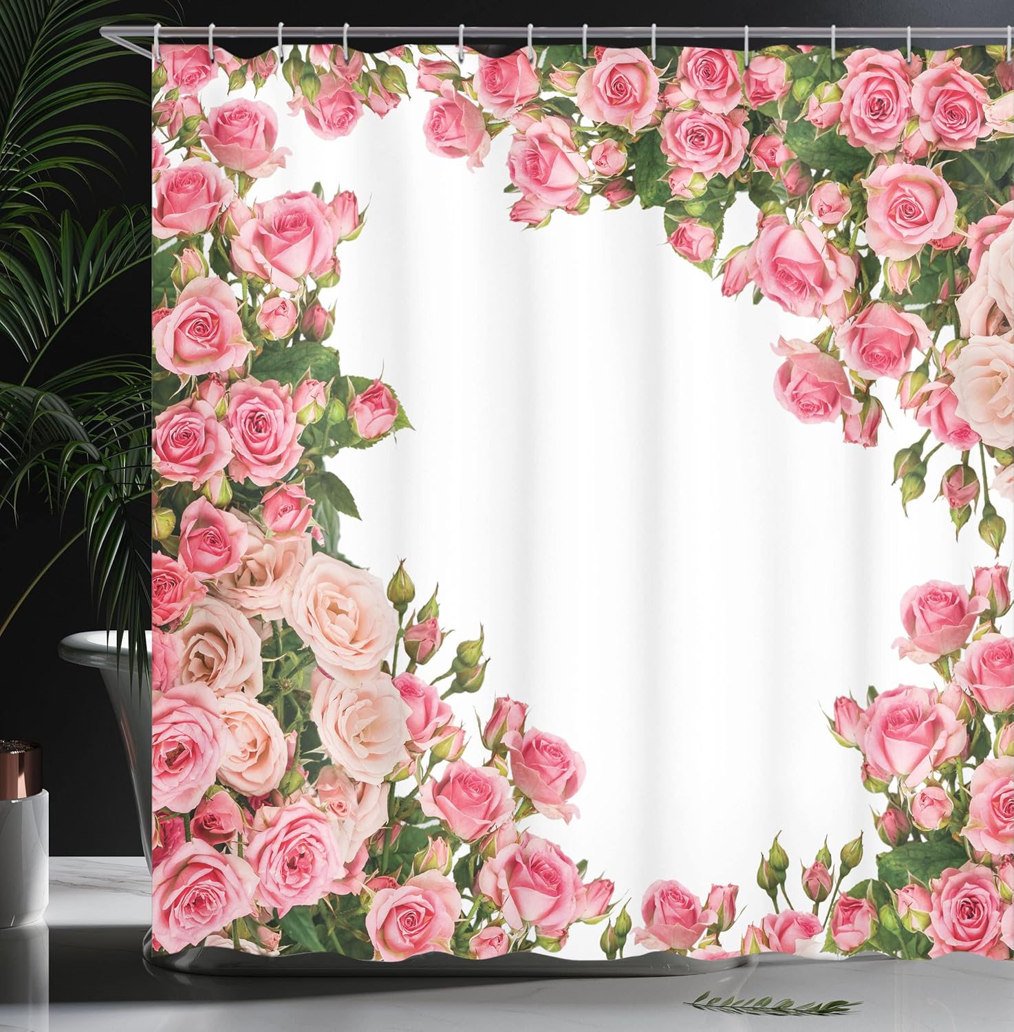 Ambesonne Rose Shower Curtain, Flower Bushes as a Frame Bridal Themed Elements Summer and Spring Occasions Illustration, Cloth Fabric Bathroom Decor Set with Hooks, 69" W x 75" L, Pink Green White