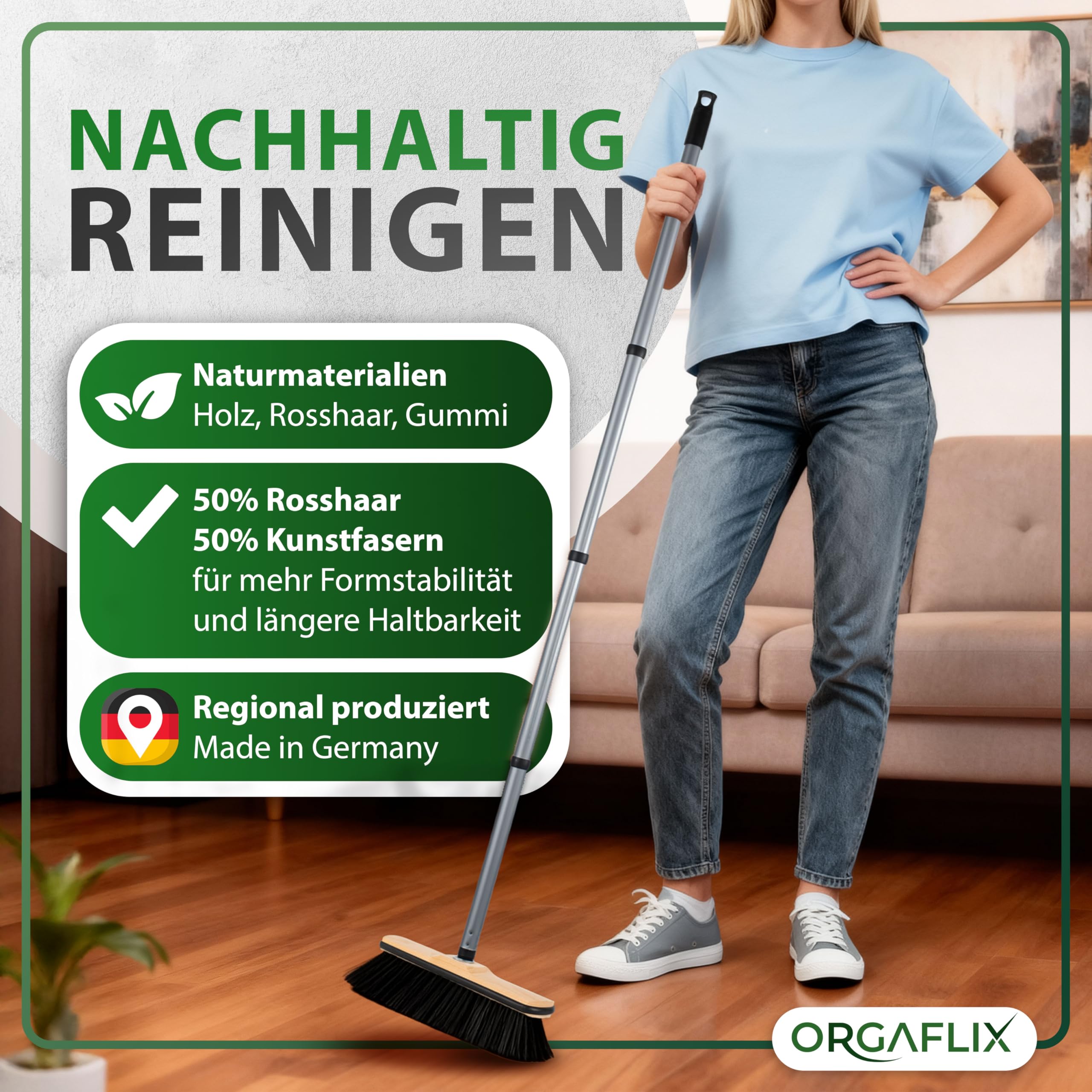 ORGAFLIX Premium Zestaw miotły z uchwytem i szczotki ręcznej - zestaw do zamiatania z mieszanką włosia konia, dodatkowo odpylający, gwint ocynkowany 24 mm, uchwyt miotły regulowany 60–130 cm