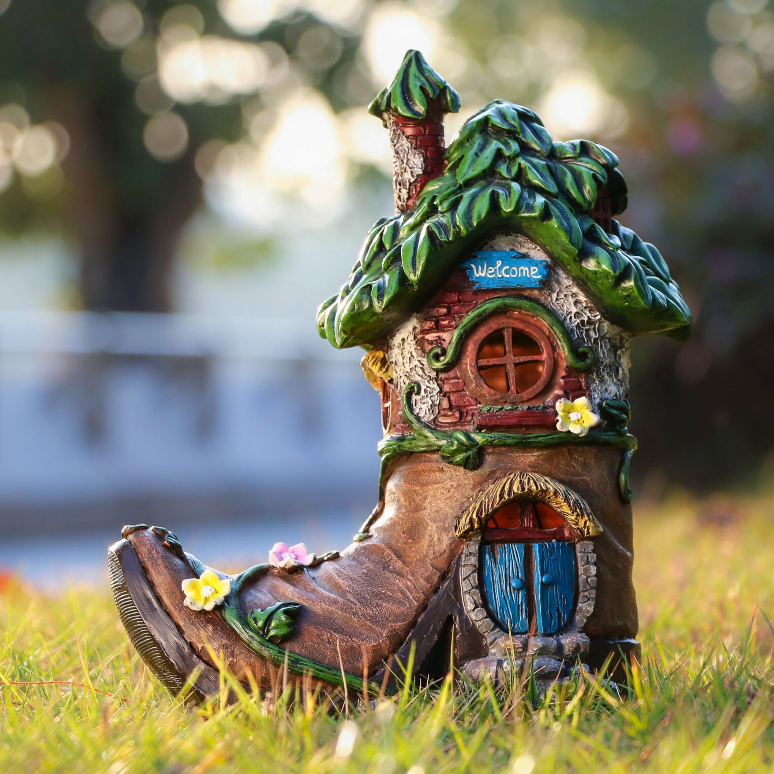 TERESA'S COLLECTIONS Garden Ornaments Outdoor, Lovely Fairy Boot House with Solar Light - Image 2