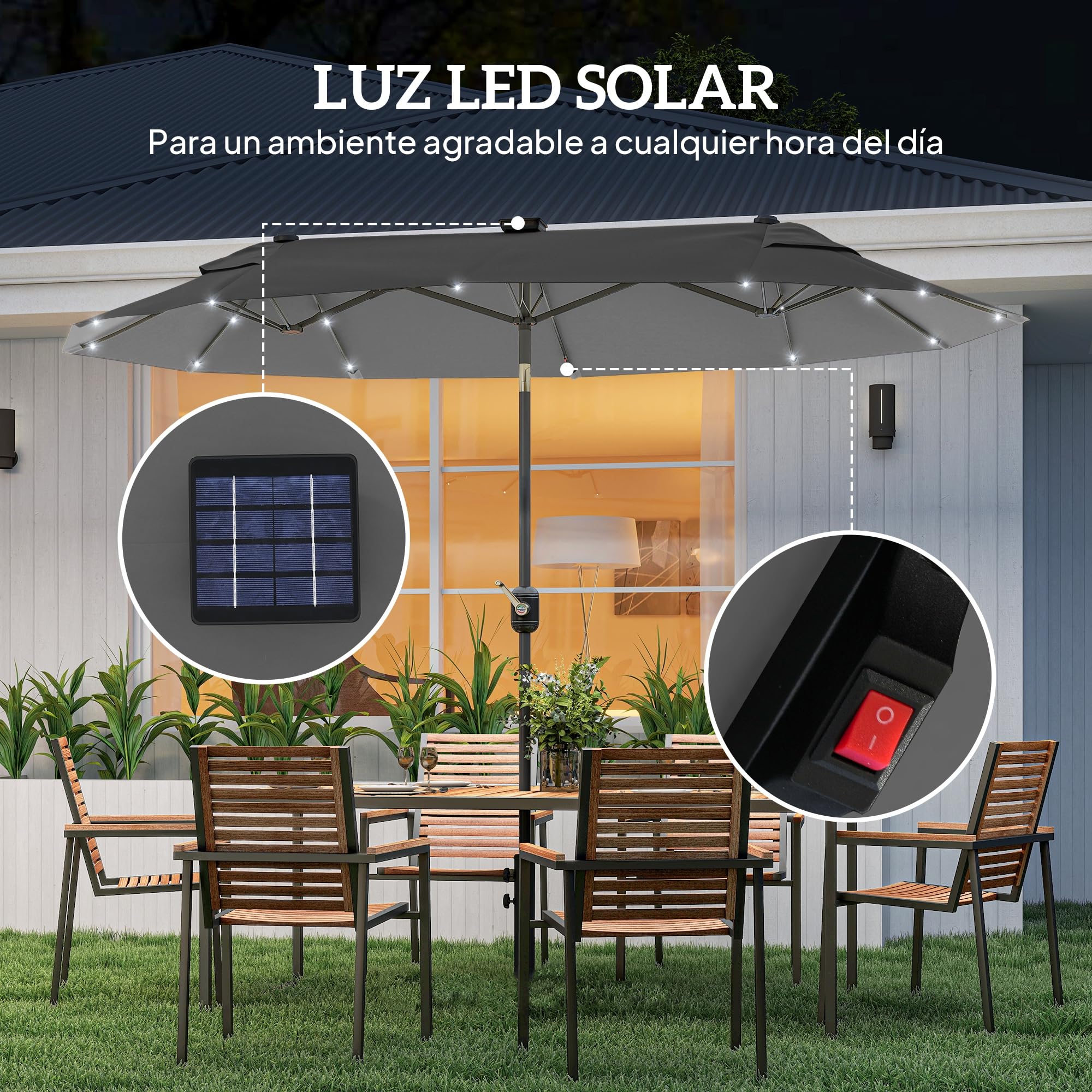 Outsunny Sombrilla Doble con Luces LED Solares Techo 295x150x219 cm Gris | Sombrilla de Jardín, Inclinación Ajustable, Manivela Manual, para Patio Piscina Playa