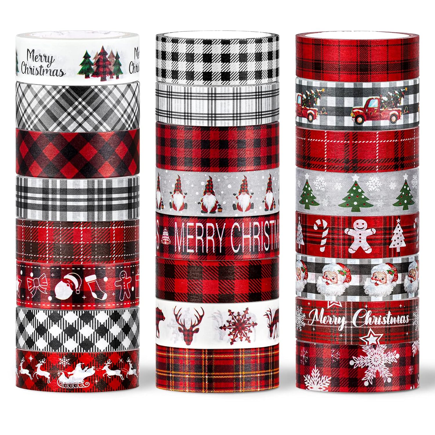 Whaline 24 Roll Christmas Plaid Washi Tape Red Black White Buffalo Check Holiday Washi Masking Tape Gnome Snowflake Santa Truck Pattern Decorative Tape for Scrapbook Journal DIY Craft Gift Wrapping