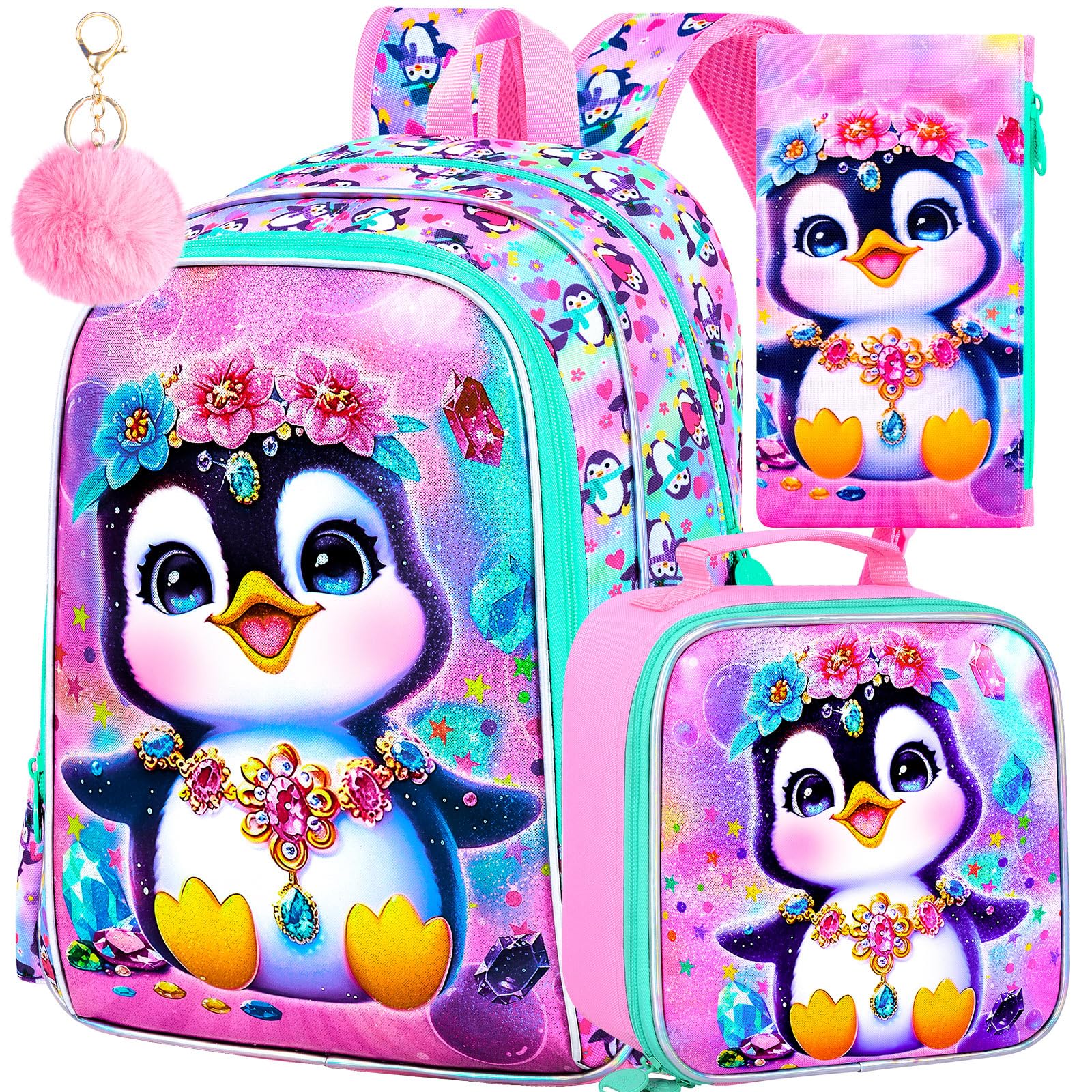 FTJCF 16" Girls Backpack, 16" Kids Bookbag with Lunch Box，Penguin School Backpacks for Elementary Preschool Kindergarten (Pink)