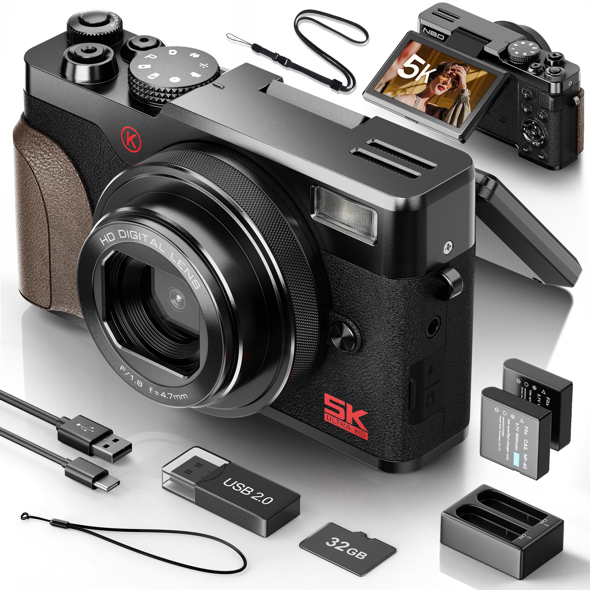 NBD 5K Digitalkamera 64MP mit Autofokus, 18X Digitalzoom | 3 Zoll 180° Klappdisplay, 2 Akkus, 32GB Karte, F1.8 Objektiv, Makromodus, Vlogging, Reisen, Anfänger