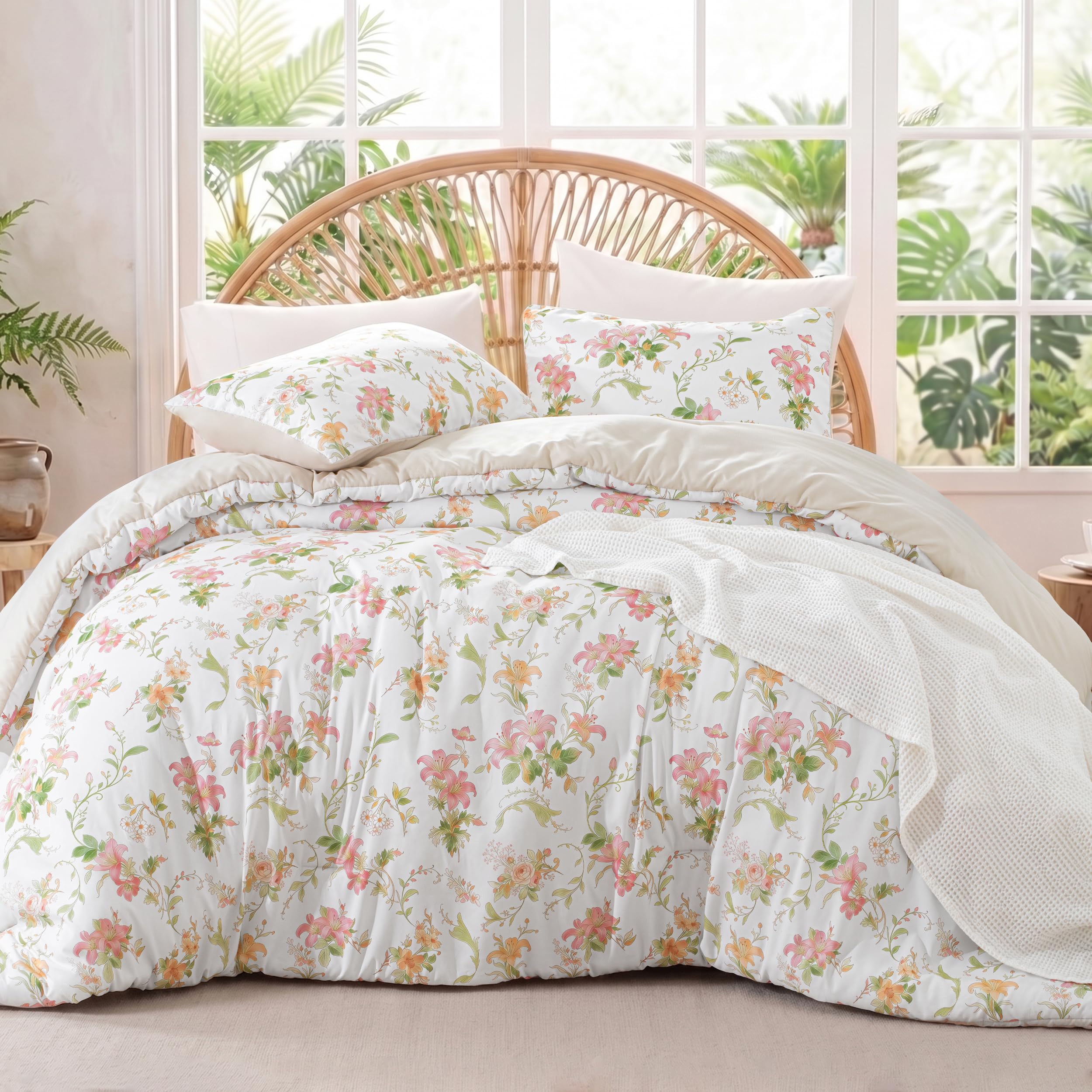 Exclusivo Mezcla Coverless Duvet Set with 2 Pillowcases, 7.5 Tog King Size Reversible Duvet All Seasons with Flower Pattern, Lightweight and Warm, Pink Lily