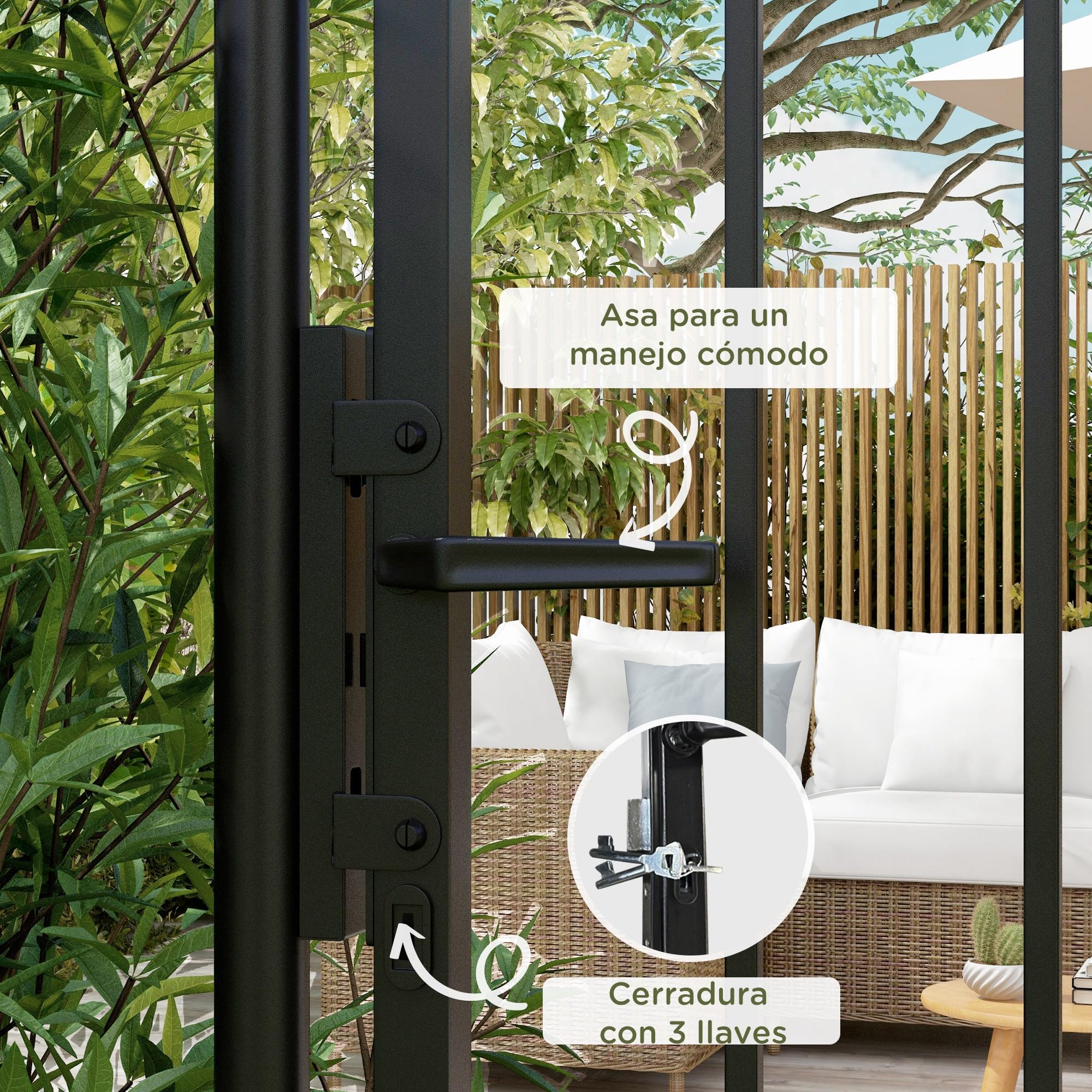 Outsunny Puerta de Jardín Puerta para Valla de Acero Galvanizado con Decoración de Flechas Cerradura y Llaves Puerta para Exterior Patio 107x204 cm Negro