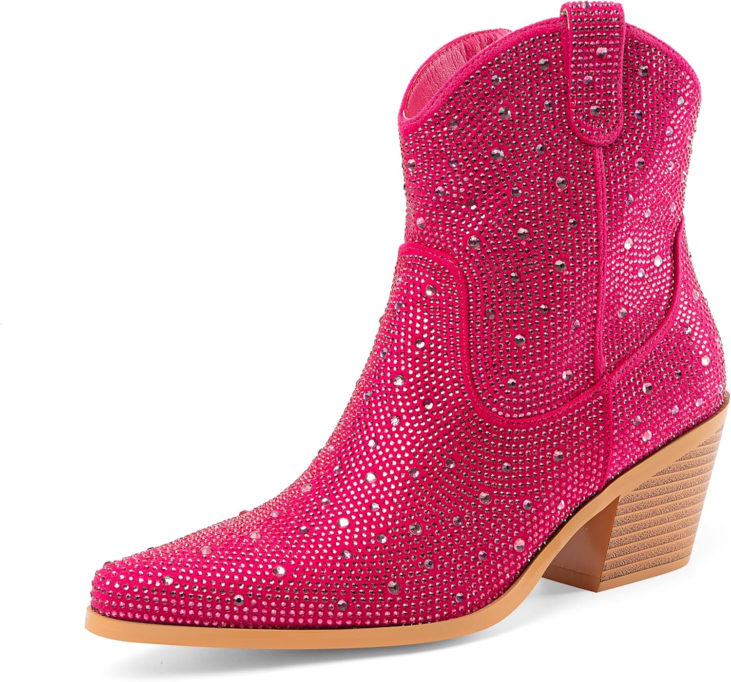 Oh Mispares Women's Sparkly Glitter Rhinestone Cowboy Ankle Boots Western Pointed Toe Low Block Heel Cowgirl Booties with Zipper